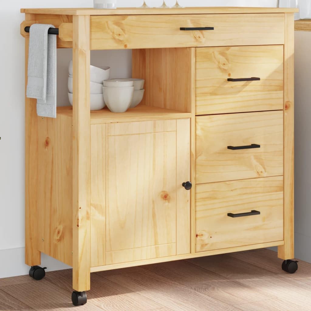 vidaXL Solid Pine Wood Kitchen Trolley – Rolling Storage Cart with Drawers, Shelves, and Wheels for Living Room, Bathroom - Honey Wax Brown, 33.1”L