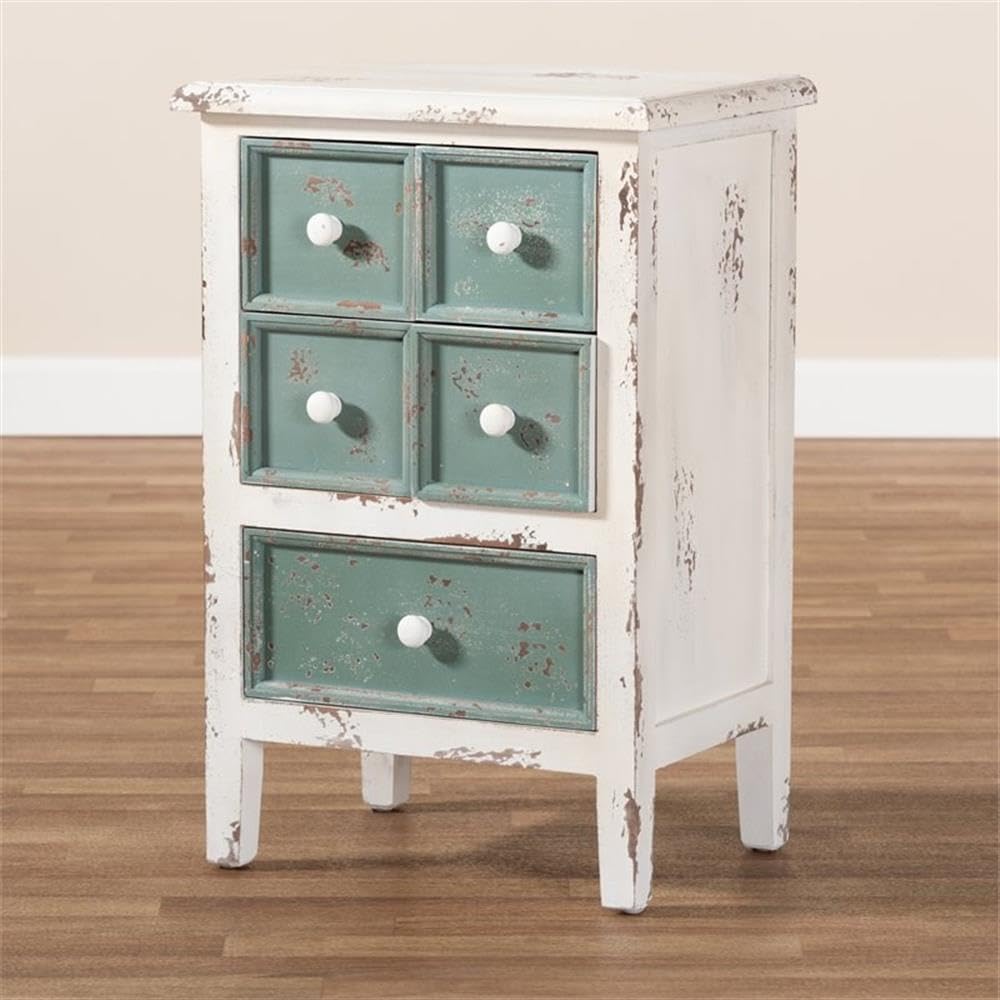 Baxton Studio Angeline Antique French Country Cottage Distressed White and Teal Finished Wood 5-Drawer Accent Chest