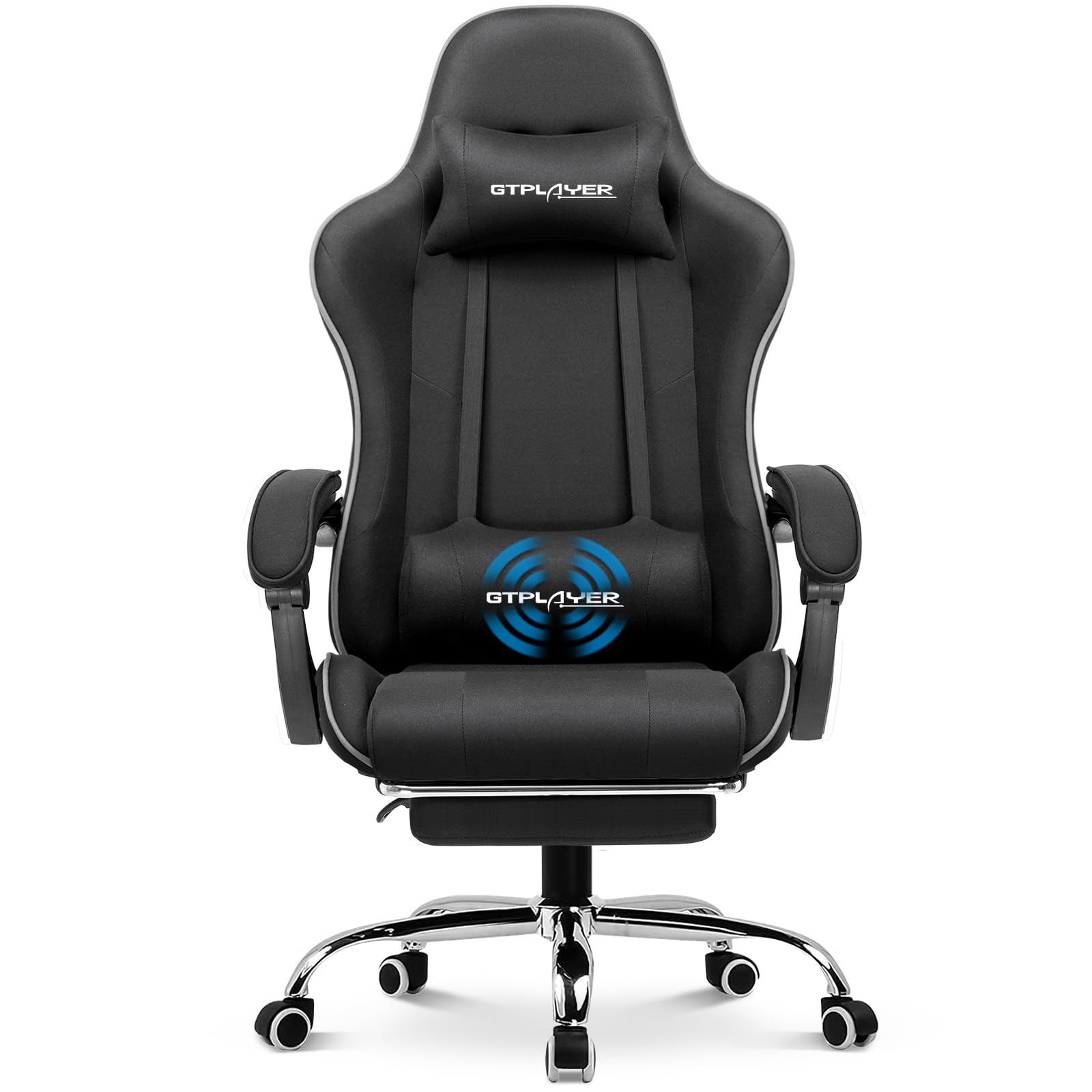 Gtplayer Gaming Chair With Footrest, Computer Chair With And Lumbar Support, Height Adjustable Game Chair With 360°-Swivel Seat And Headrest And For Office Or Gaming (All Black-Fabric)