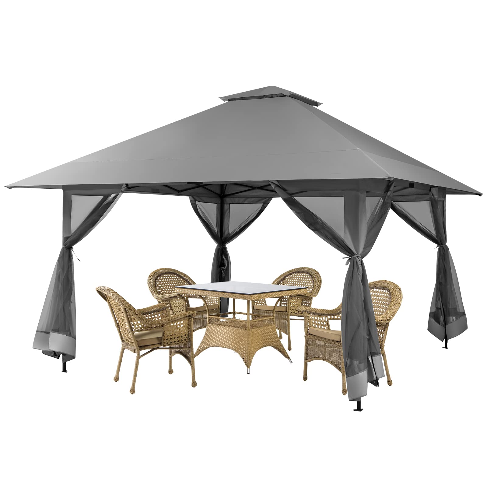 Tangkula 13X13 Ft Pop Up Gazebo With Netting, 2 Tier Patio Gazebo With Center Lock, Mesh Sidewalls, 4 More Ribs, Wheeled Bag, Ea