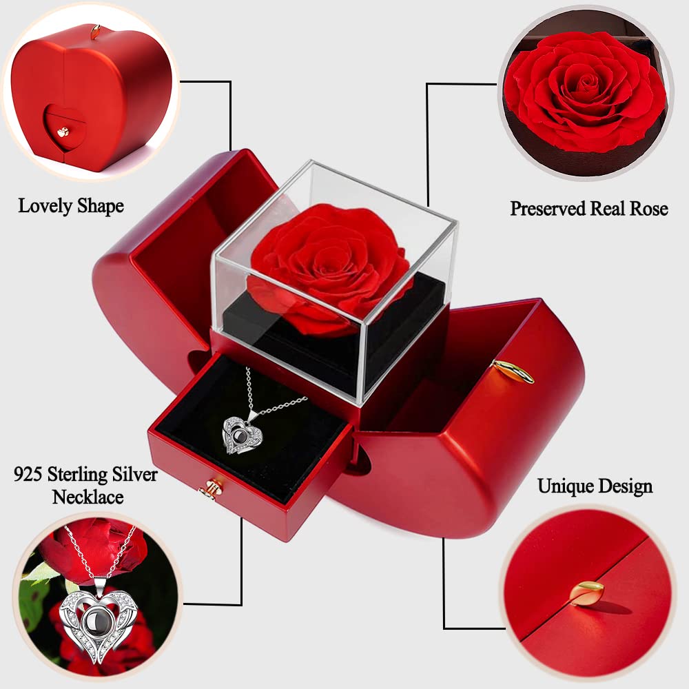 Preserved Real Rose With I Love You Necklace 100 Languages, Gifts For Girlfriend, Women, Mom, Wife, Gifts Idea On Christmas, Val
