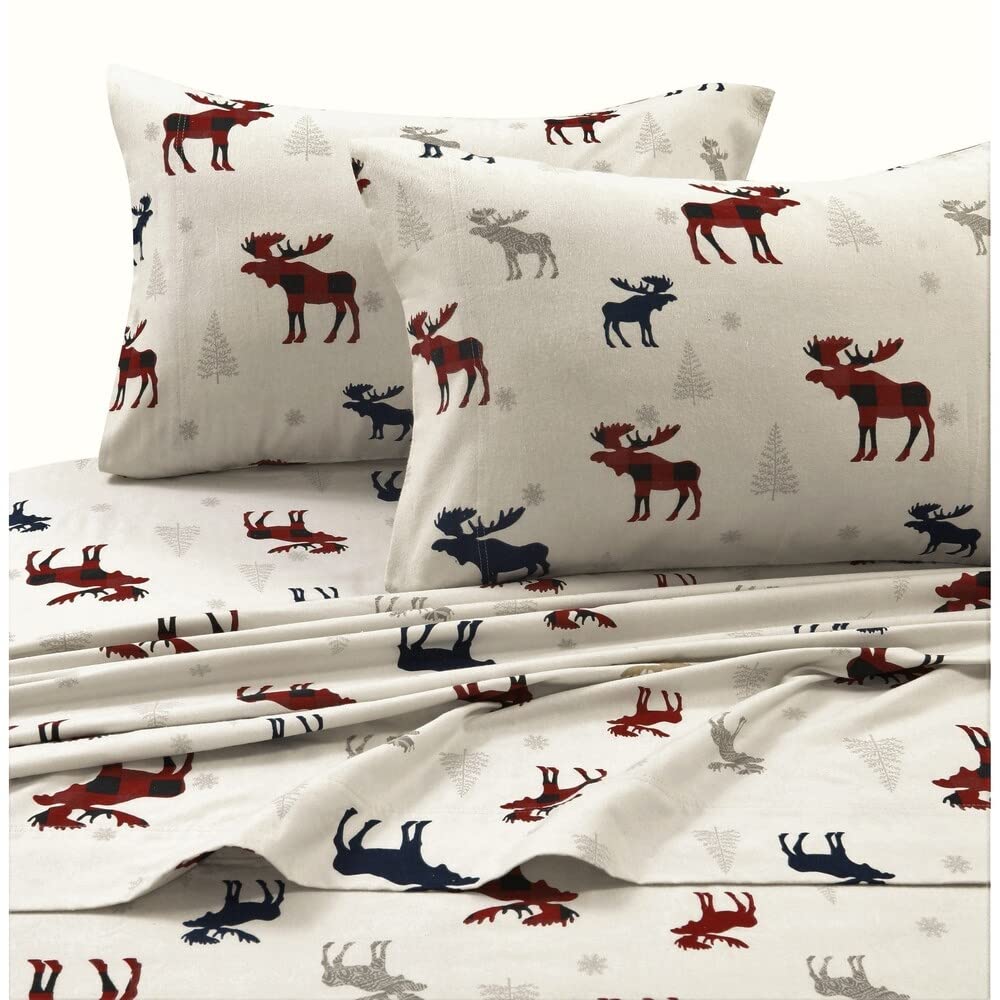 Tribeca Living 100% Cotton Flannel Sheet Set - Deep Pocket, 170-Gsm, Ultra Soft & Cozy Bedding For Winter, Twin, Plaid Moose