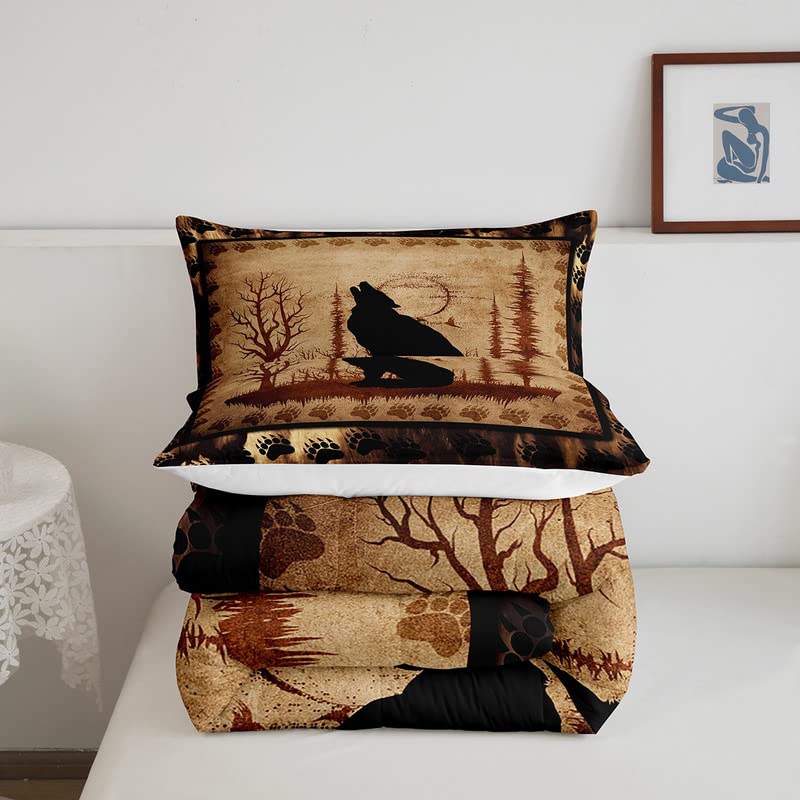 Feelyou Cute Wolf Comforter Set For Girls Boys Kids Wolves Howling Bedding Set Room Decorative Animal Wolves Tree Pattern Beddin