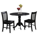 East West Furniture Dublin 3 Piece Kitchen Set for Small Spaces Contains a Round Dining Room Table with Dropleaf and 2 Solid Wood Seat Chairs, 42x42 Inch, DLNO3-BLK-W