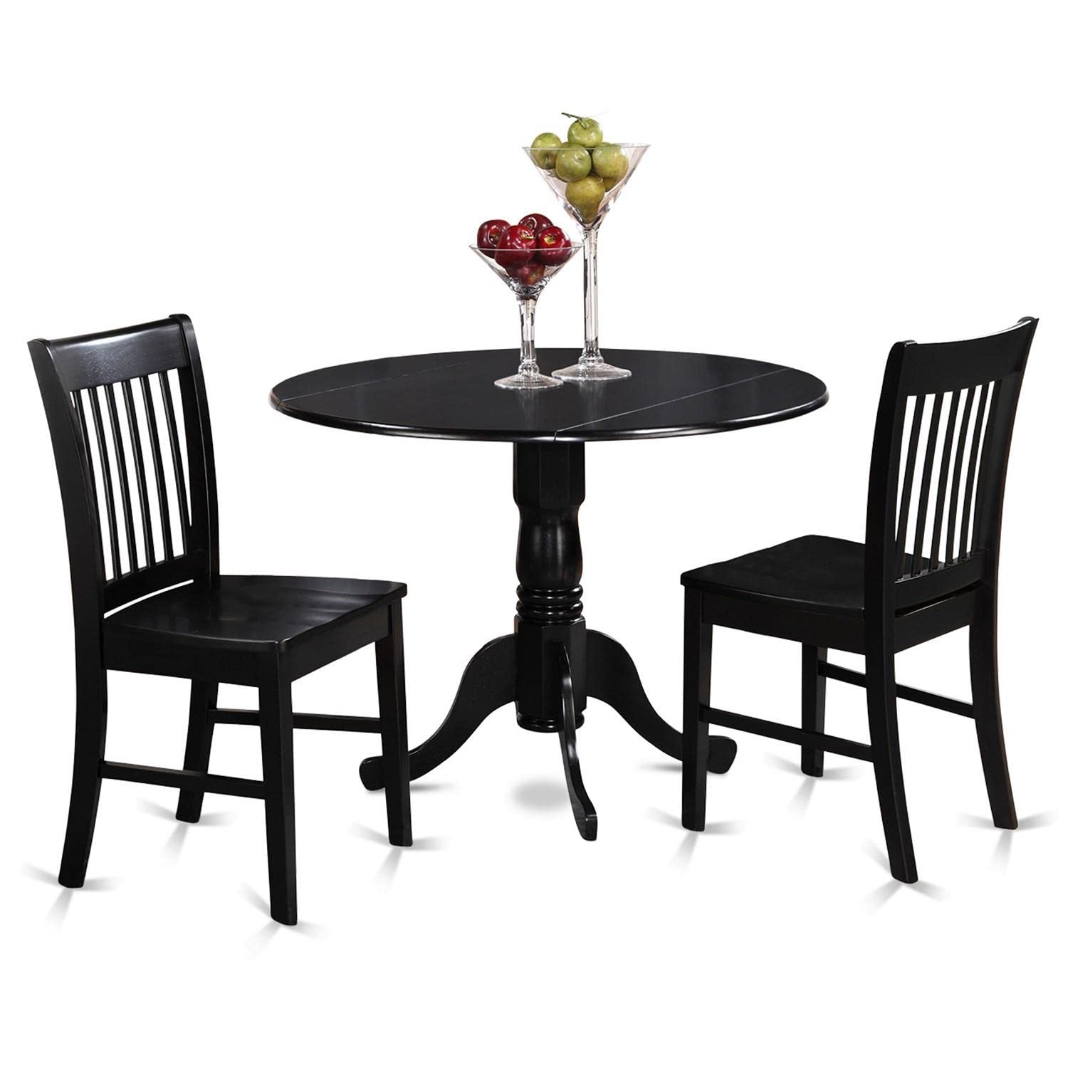 East West Furniture Dublin 3 Piece Kitchen Set for Small Spaces Contains a Round Dining Room Table with Dropleaf and 2 Solid Wood Seat Chairs, 42x42 Inch, DLNO3-BLK-W