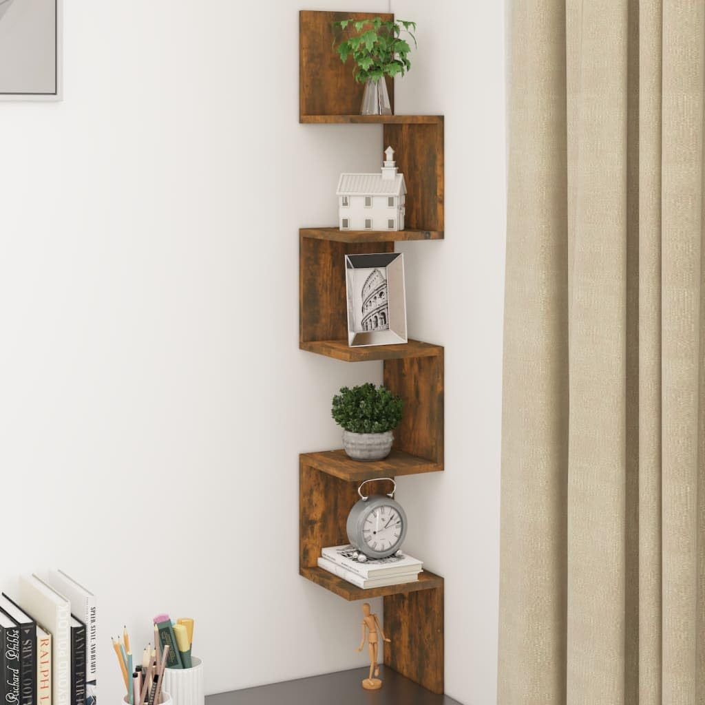 Vidaxl Engineered Wood Wall Corner Shelf In Smoked Oak, 127.5 Cm High, Ideal For Living Room/Bedroom/Kitchen, Easy Assembly Required