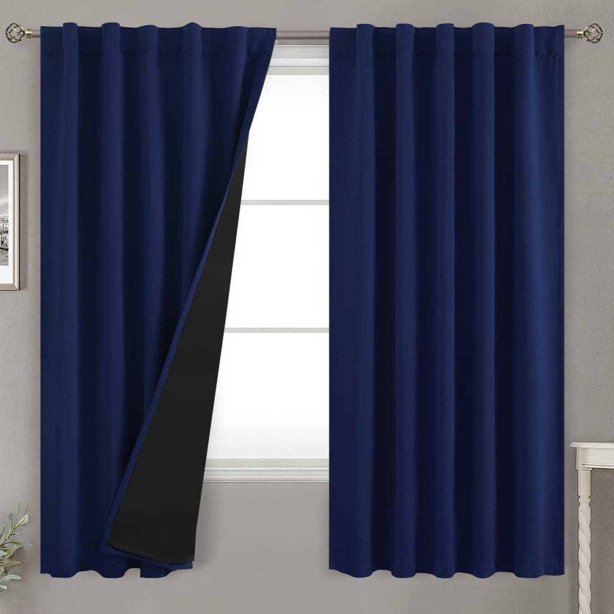 Bgment Navy Blue 100% Blackout Curtains 63 Inches Long With Reducing Noise Liner, Rod Pocket And Back Tab Double Layer Full Room