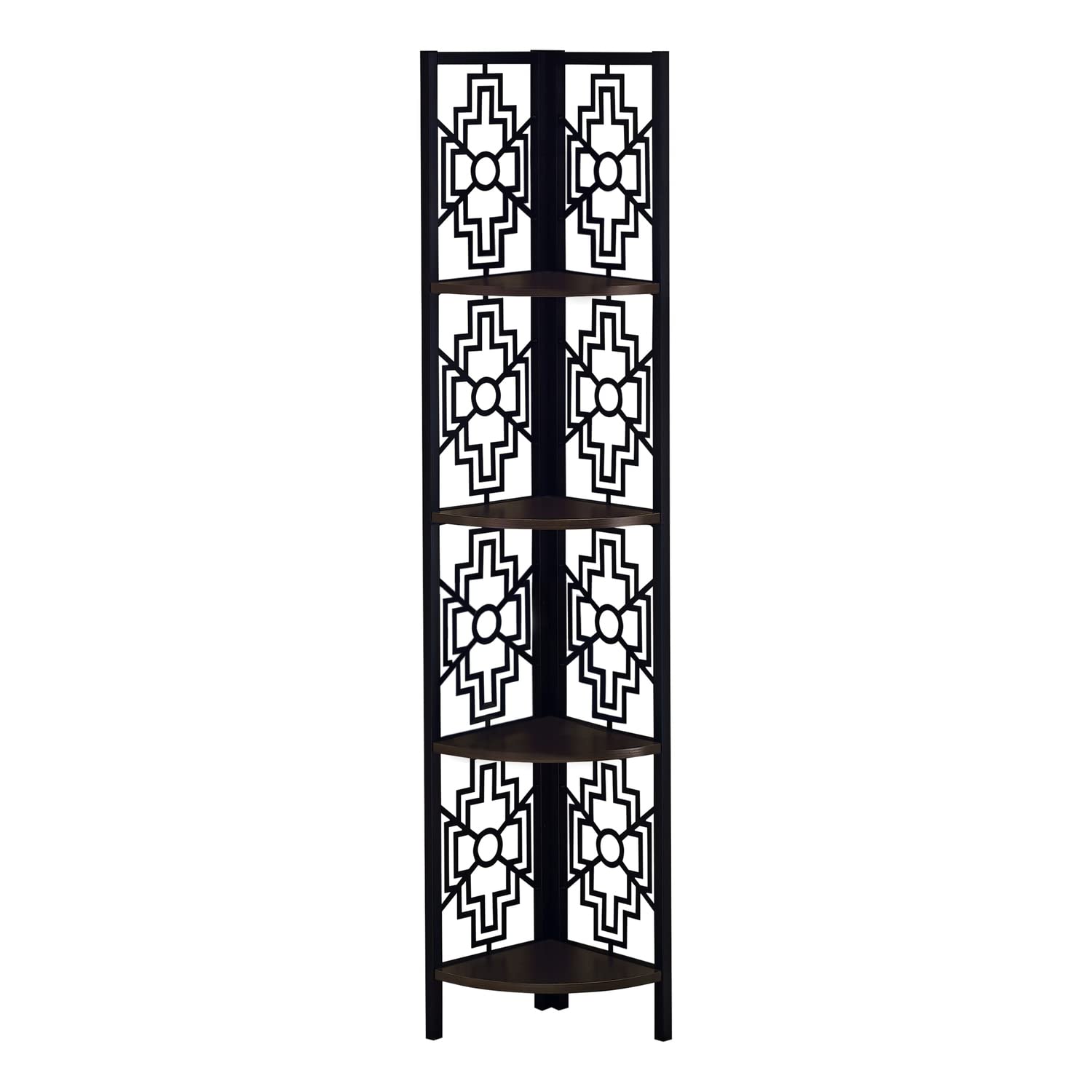 Monarch Specialties I 3622 Bookshelf, Bookcase, Etagere, Corner, 4 Tier, 62&quot; H, Office, Bedroom, Metal, Laminate, Brown, Black, Transitional