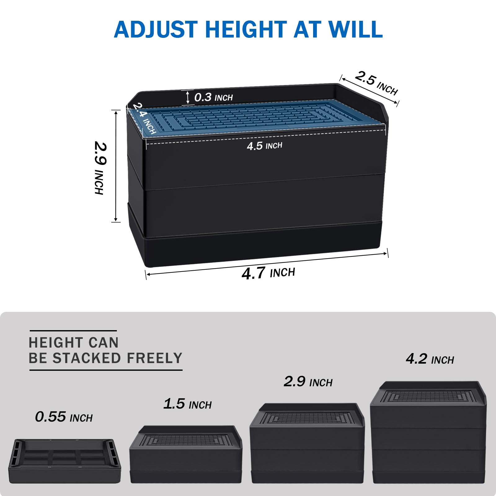 ANNKUT 3 Inch Heavy Duty Adjustable Bed Risers, Supports Up to 1,300 Lbs, 4 Pack Black for Bed, Sofa, Table, Couch