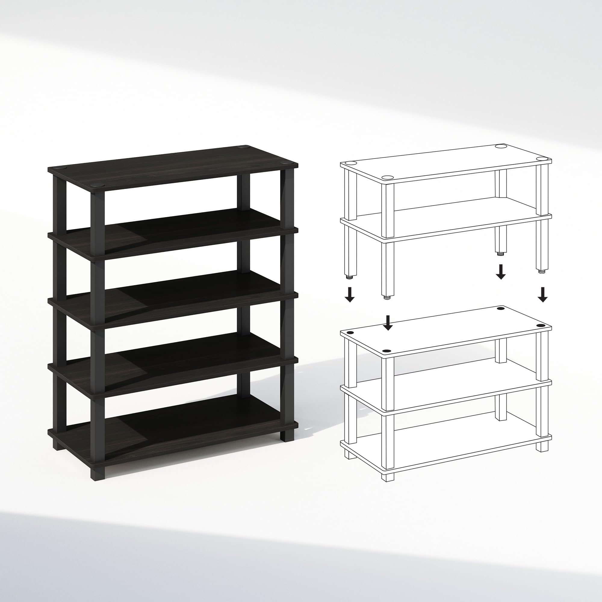 Furinno Turn-S-Tube 3-Tier Multipurpose Standing Shelves, Shoe Rack, Espresso/Black, Set of 2