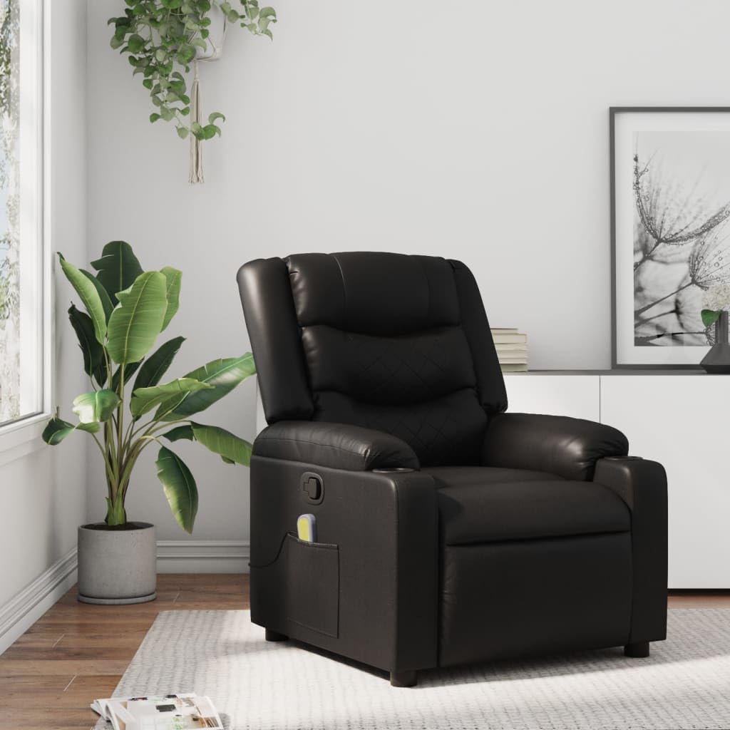 vidaXL Black Faux Leather Massage Recliner Chair - Manual Reclining Armchair with Vibration, Cup Holders, Side Pocket, 6-Point Massage, Living Room, Standard, 3206831