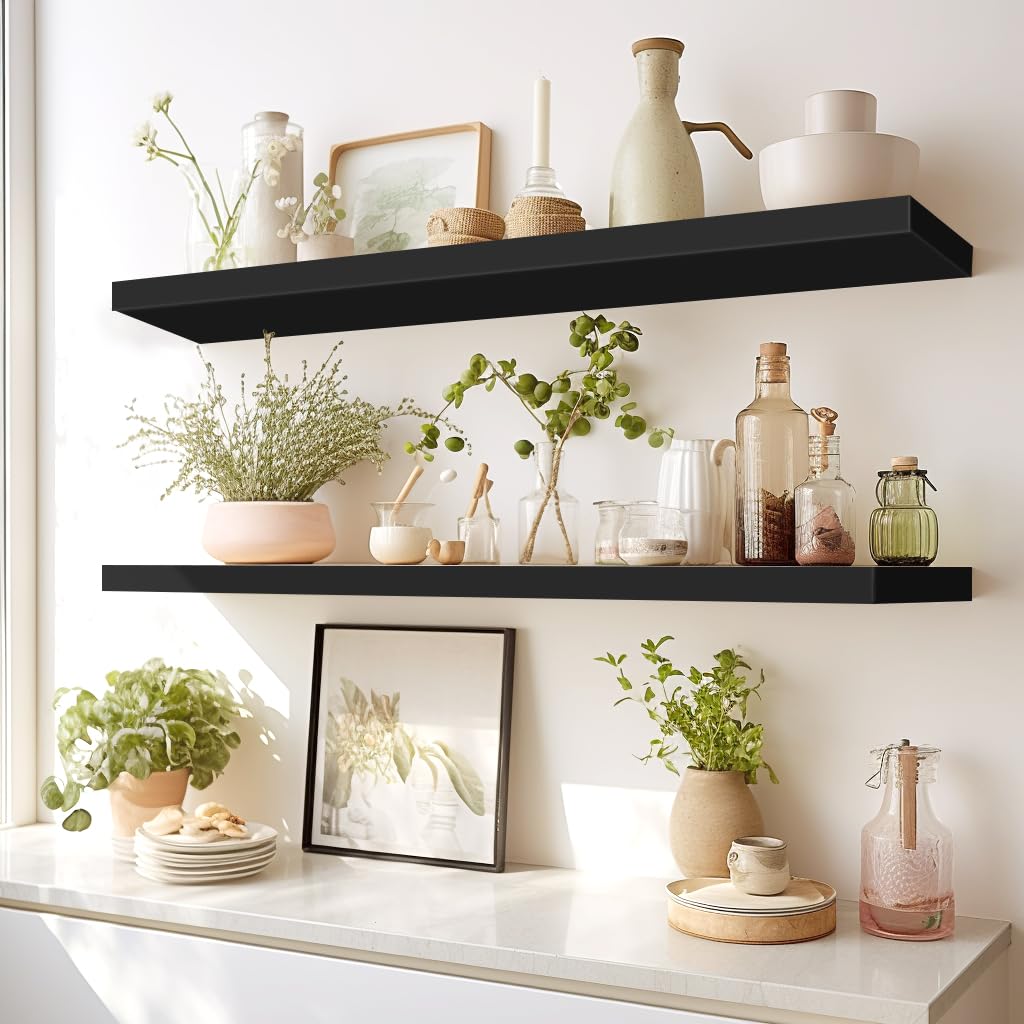 Lavie Home Floating Shelves, 36 Inch Wall Shelf Set Of 2, Hanging Shelf With Invisible Brackets, Wall Decor For Bathroom, Bedroom, Living Room, Kitchen Storage, Classic Black