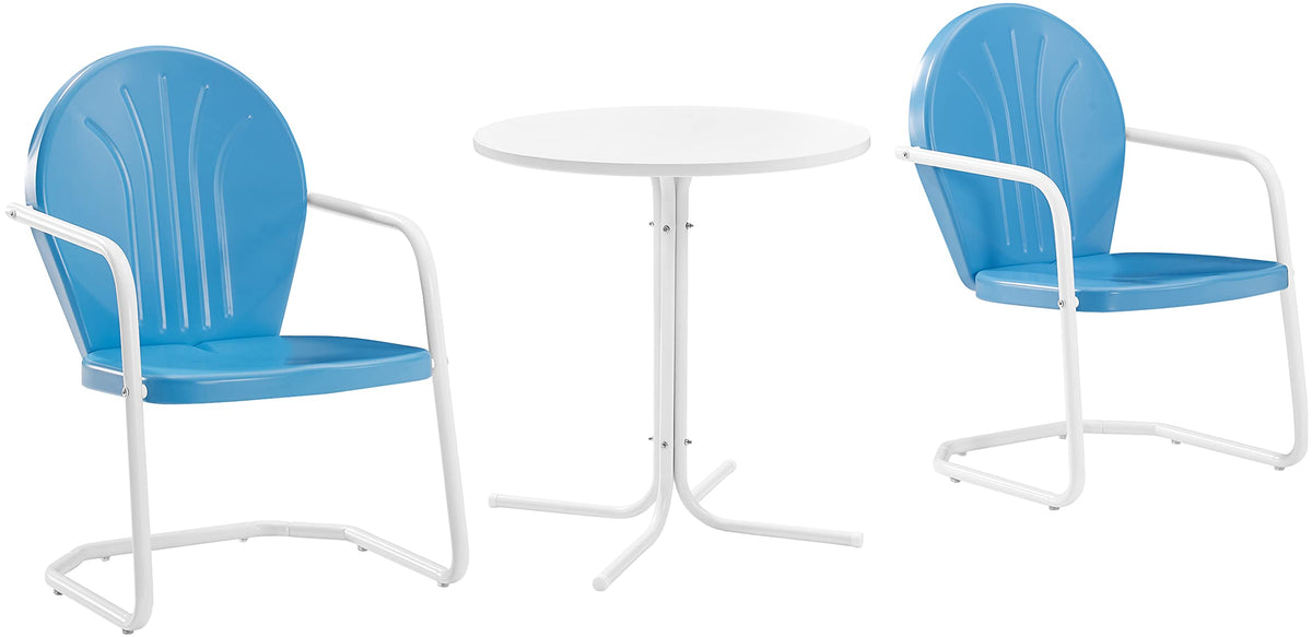 Crosley Furniture Griffith 3-Piece Outdoor Bistro Set, Retro Metal Patio Table and Chairs for Dining, Porch, Sky Blue Gloss and White Satin