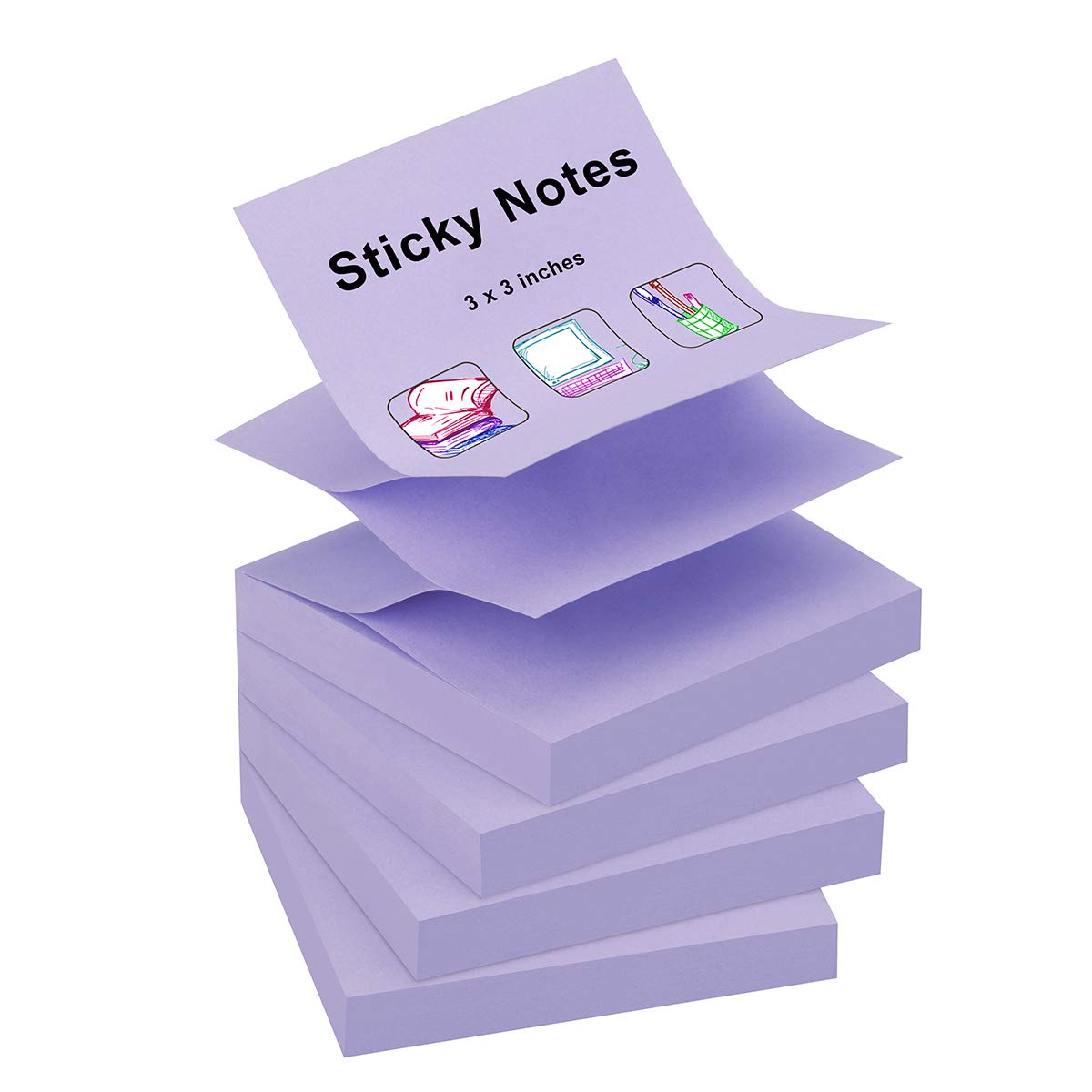 Zczn 400 Sheets Pop-Up Sticky Notes, 3 X 3 Inches, 4 Pads Bright Color Self-Stick Notes, 100 Sheets/Pad, Light Purple