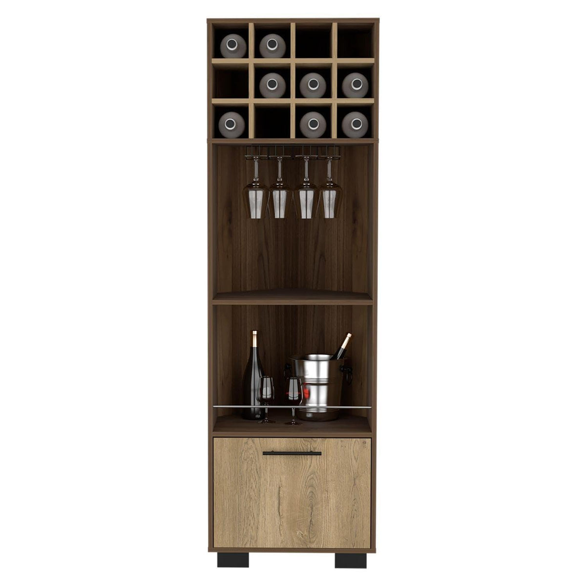 Norway Corner Bar Cabinet, 8 Built-In Wine Rack, 2 Side Shelves, Mahagony/Macadamia