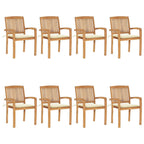 vidaXL Stacking Patio Chairs Set of 8 with Cushions-Made of Solid Teak Wood with Elegant Slatted Design Ideal for Garden, Patio and Dining Room-Comes with Cream Colored Cushions