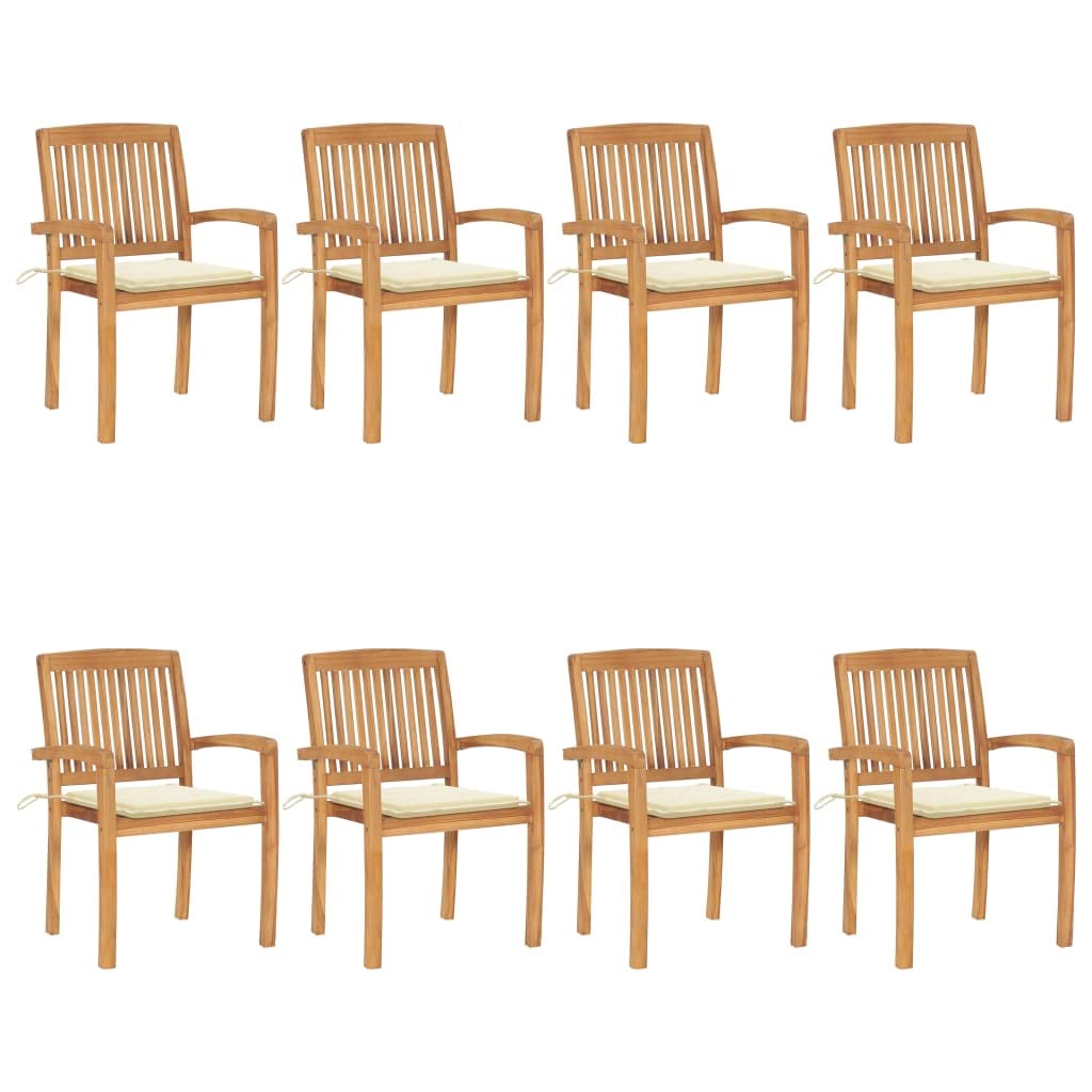 vidaXL Stacking Patio Chairs Set of 8 with Cushions-Made of Solid Teak Wood with Elegant Slatted Design Ideal for Garden, Patio and Dining Room-Comes with Cream Colored Cushions