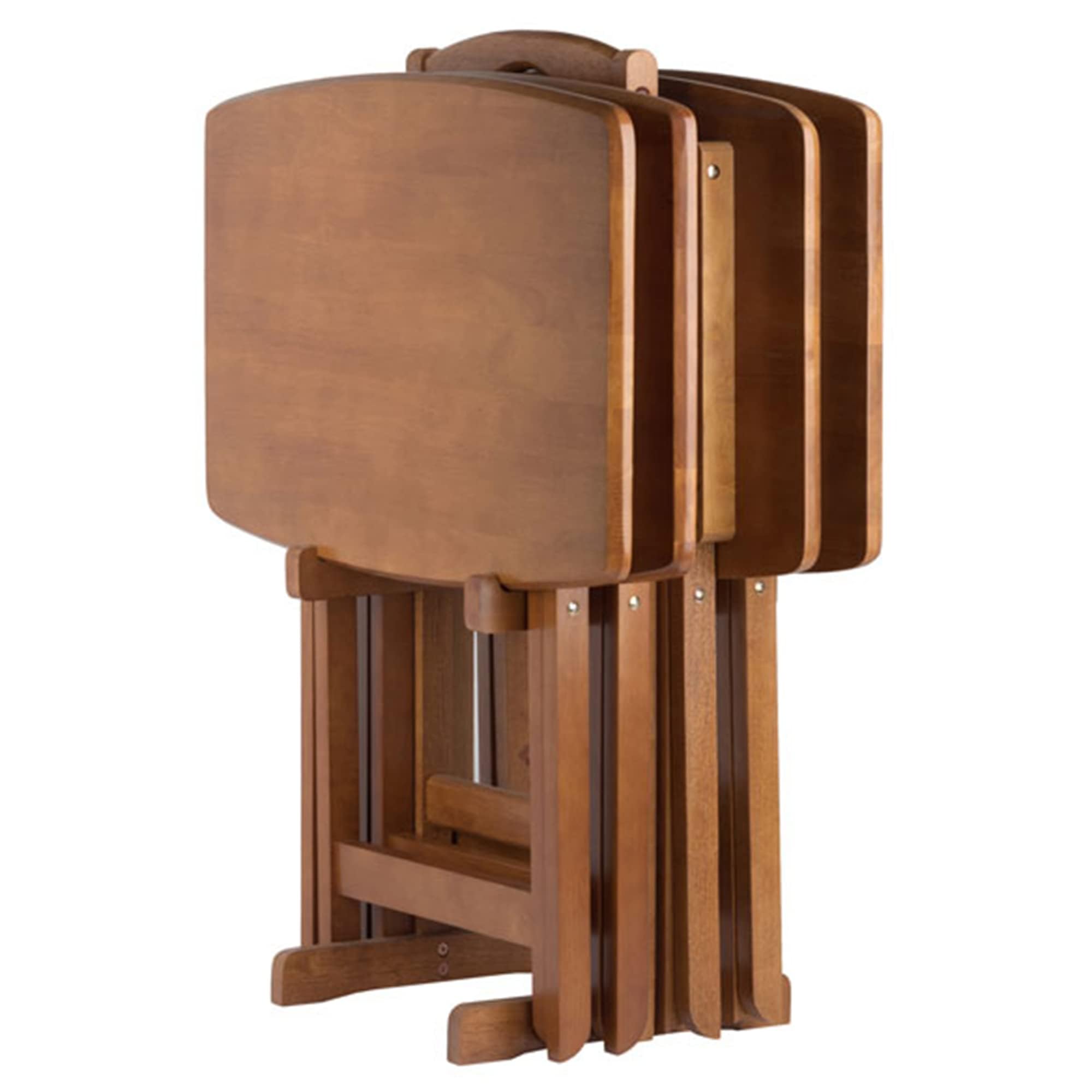 Ergode Wood Dylan 5-Piece Folding Snack Table Set – Teak Finish, Durable X-Frame Base, Compact Storage Stand, Easy Assembly, Perfect for Dining, Laptops & Entertaining, 25.5" H x 23.6" W x 15.7" D