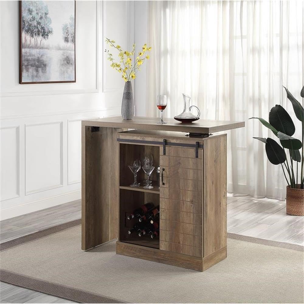 Acme Quillon Wooden Bar Table with Sliding Barn Door and Wine Rack in Rustic Oak