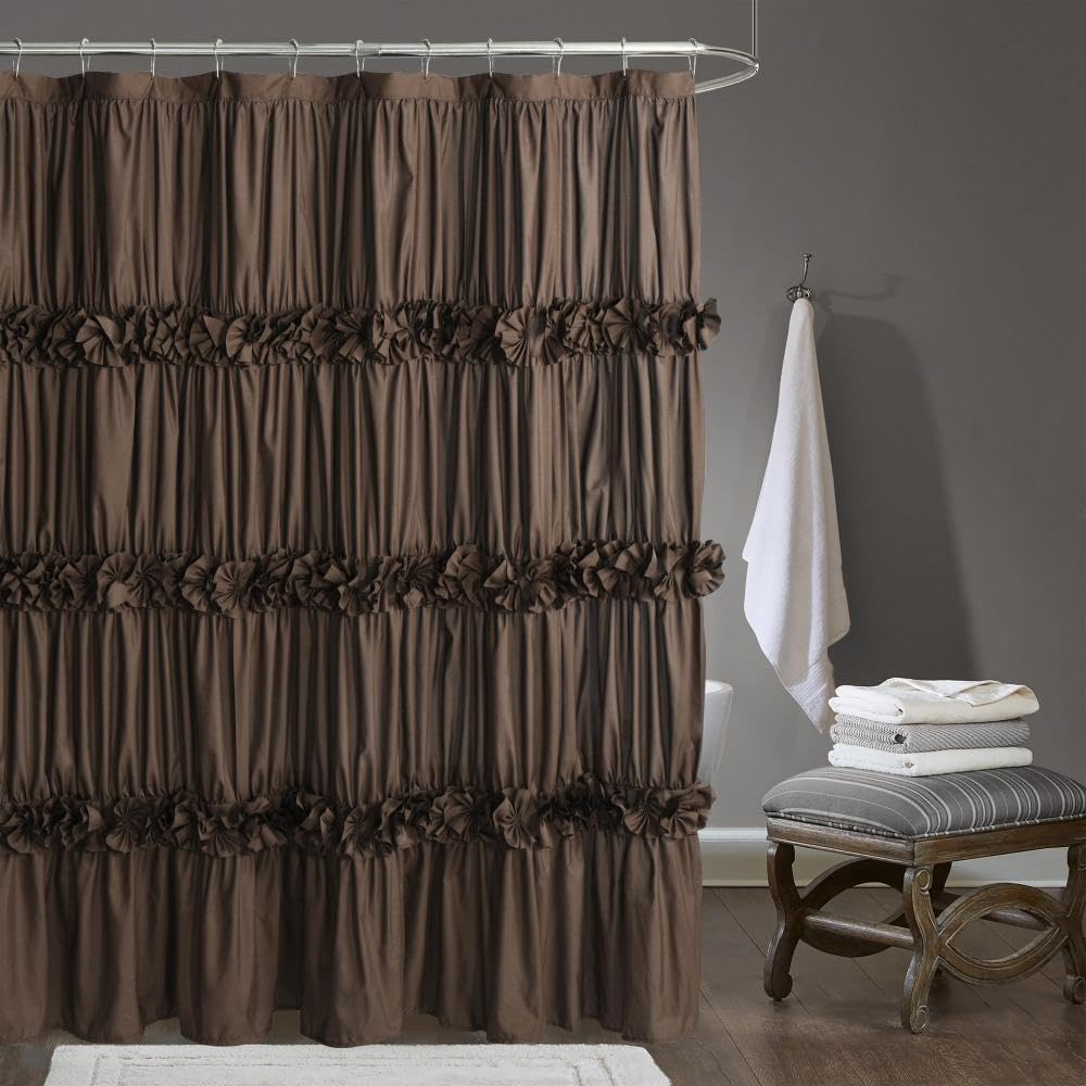 Homechoice Decor Chocolate Ruffle Shower Curtain, Vintage Handcrafted Bow Tie Bath Curtain For Master Bathroom, Ruched Microfibe