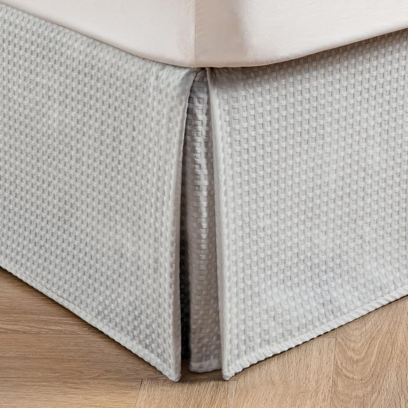 Miye Pleated Waffle Weave Bed Skirt, Tailored Dust Ruffle 14 Inch Drop Easy Fit, Machine Washable (Light Grey, Queen - 14' Drop