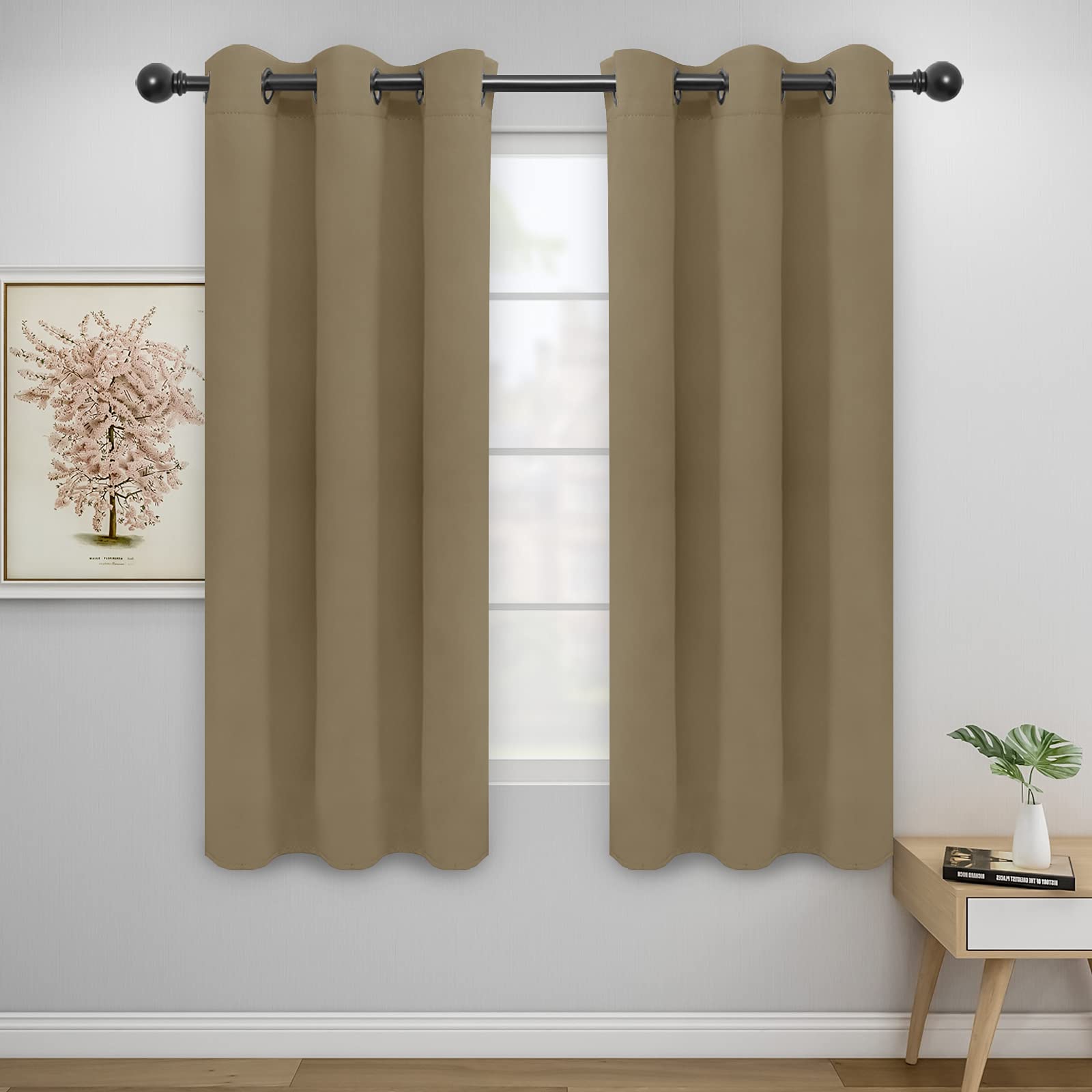 Easy-Going Blackout Curtains For Bedroom, Solid Thermal Insulated Grommet And Noise Reduction Window Drapes, Room Darkening Curtains For Living Room, 2 Panels(42X72 In, Tan)