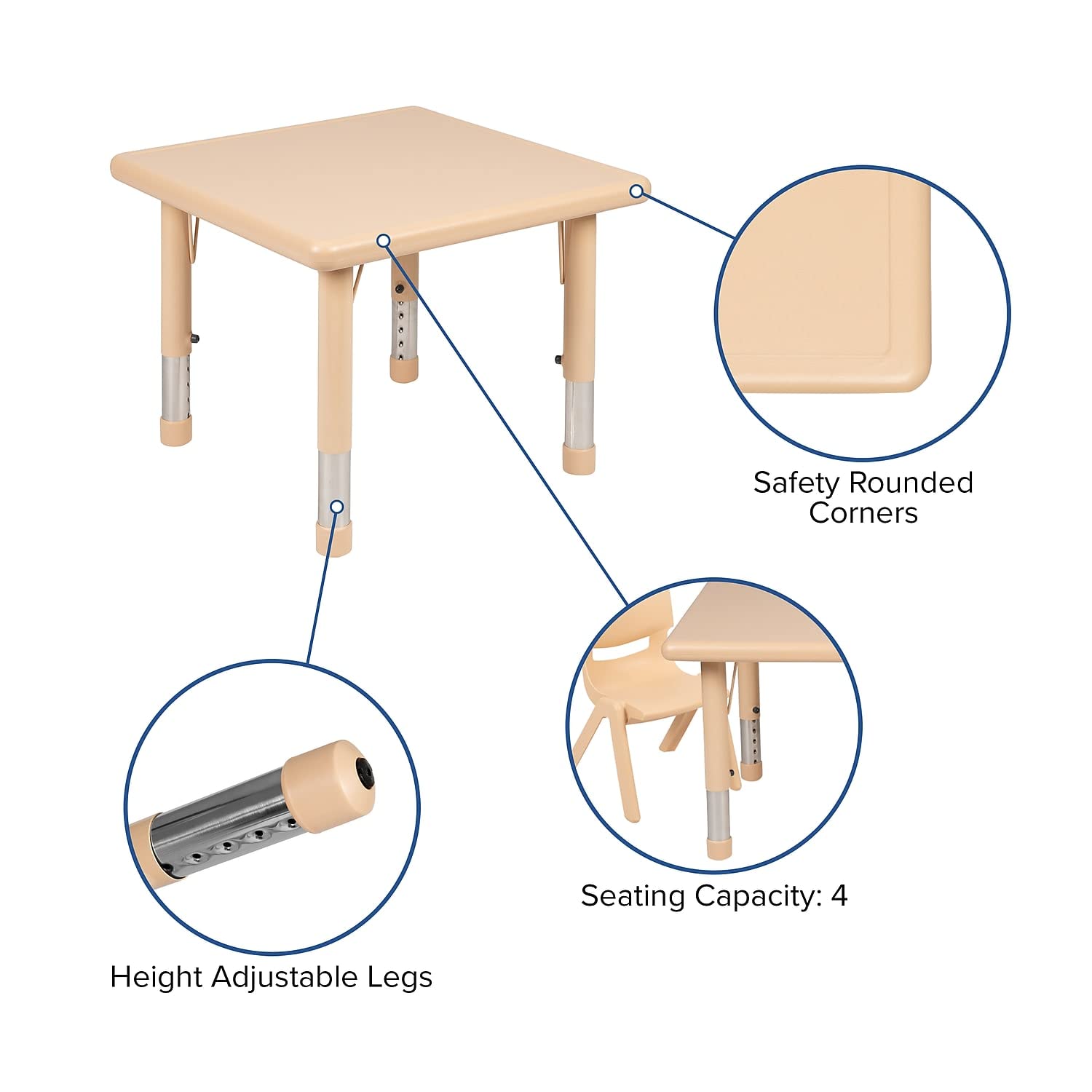 Flash Furniture 24' Square Natural Plastic Height Adjustable Activity Table Set With 2 Chairs