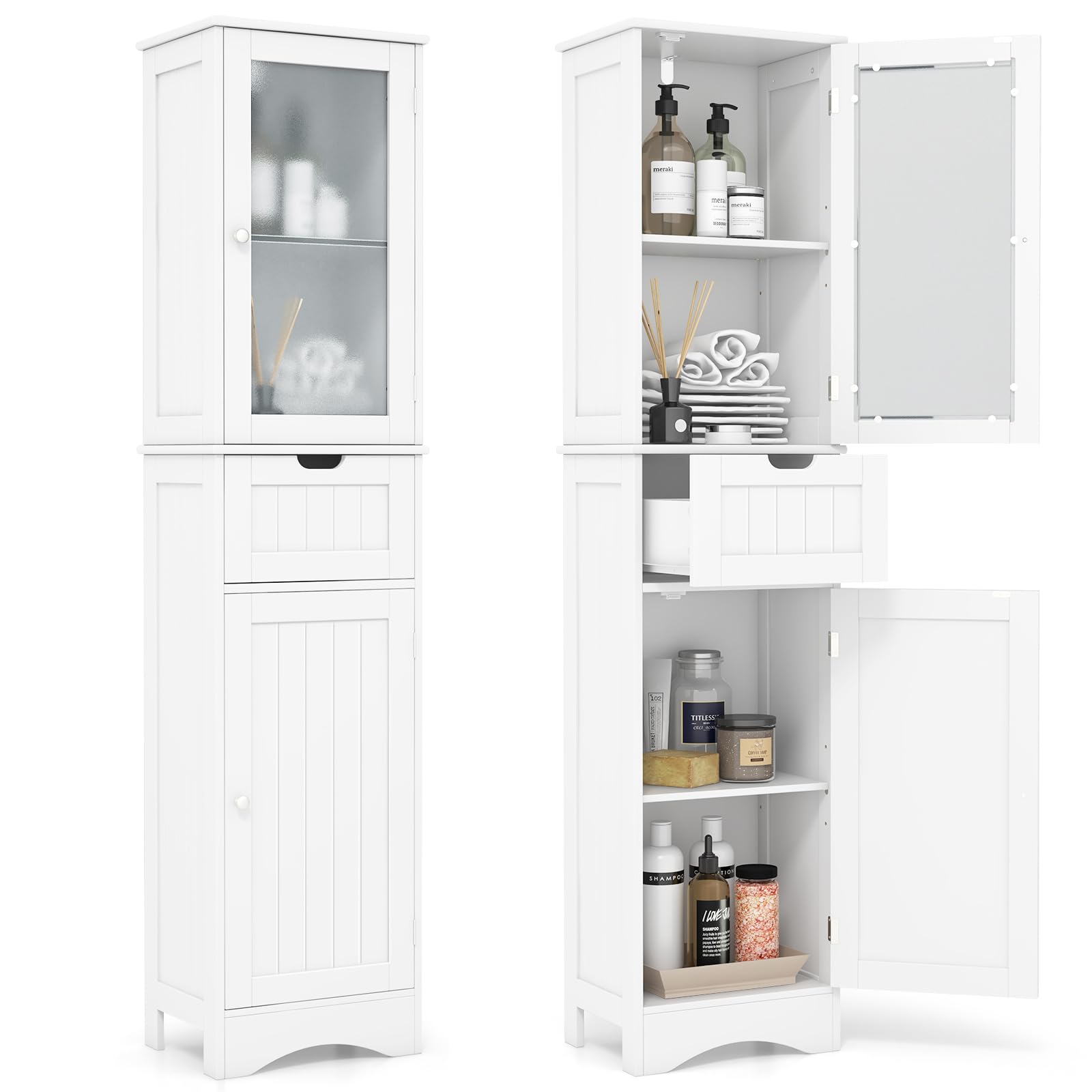 Tangkula 67  Tall Bathroom Storage Cabinet, Slim Freestanding Tower w/ 2 Doors & 1 Drawer, Narrow Floor Cabinet w/Adjustable She
