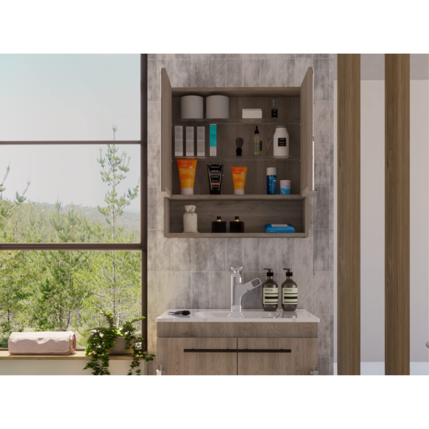 Tatacoa 25-inch Tall Double Door Mirror Cabinet with Open Shelf, and 3 Interior Shelves, Light Oak