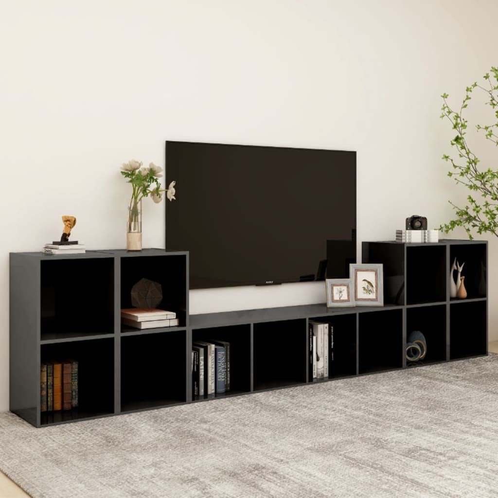 vidaXL Modern TV Stand Set, High Gloss Gray Engineered Wood, Flexible Configuration, Ample Storage Space, Easy to Clean, California Prop 65 Compliant