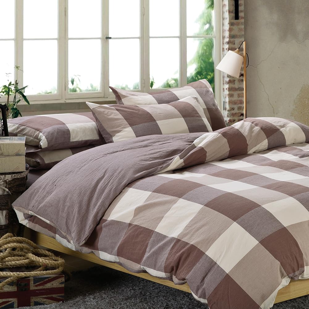 Nsnlgsgc Khaki Plaid Cotton Duvet Cover Set Twin, Rust Buffalo Checkered Washed Cotton Bedding Set,Caramel Plaid Durable & Breat