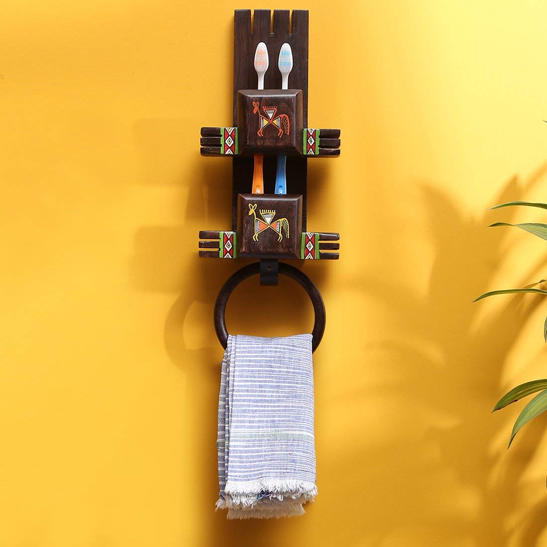 ExclusiveLane Wall Trinklet Warli HandPainted Toothbrush Holder Wall Mounted Bathroom Towel Ring Stand Cum Towel Holder (Brow