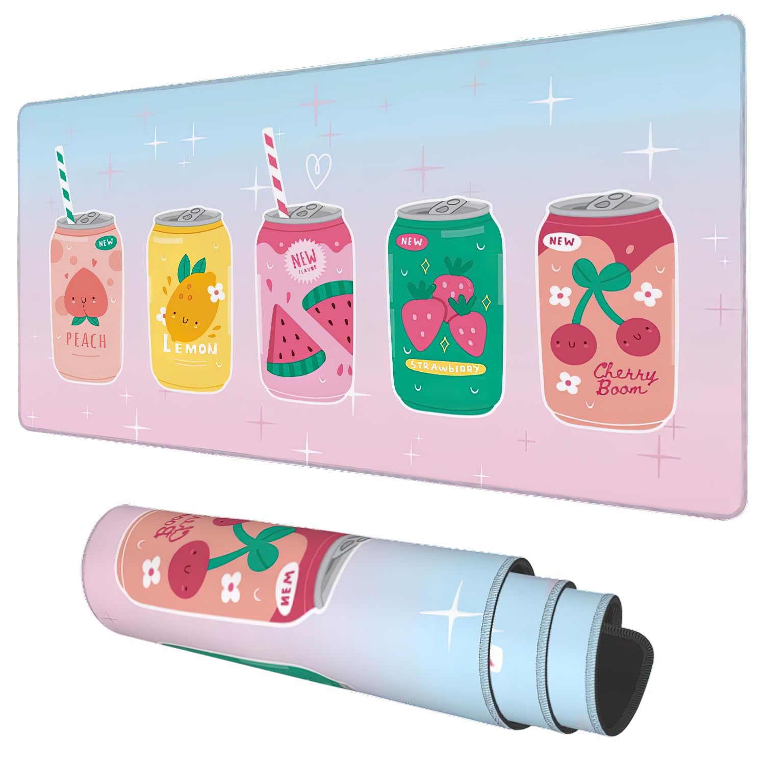 Desk Mat, Kawaii Fruit Flavors Sparkling Soda Drink Extended Gaming Mouse Pad Large, 35.4'X15.7' Big Mouse Pad With Non-Slip B