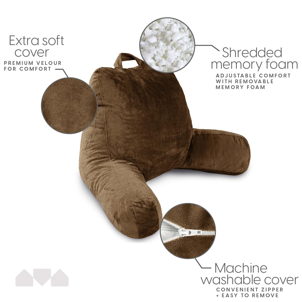 Milliard Reading Pillow With Shredded Memory Foam, Large Adult Backrest With Arms, Back Support For Sitting Up In Bed With Washable Cover (Sit Up Pillow) Brown