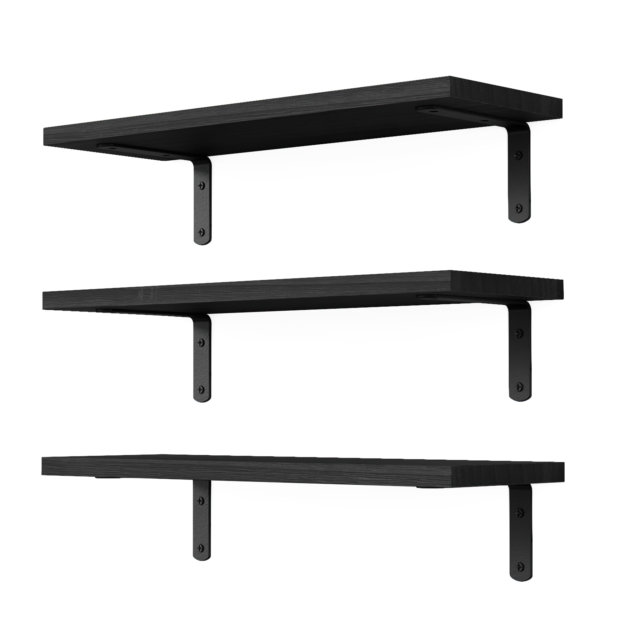 DOLLFIO Wall Mounted Shelves, 3 Sets Floating Wood Shelves for Bathroom, Bedroom, Living Room Storage - Black