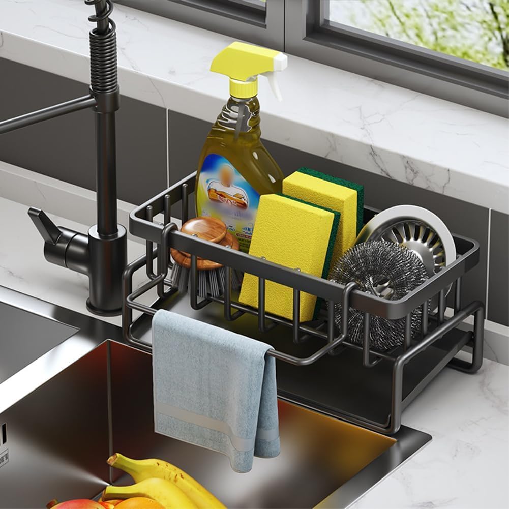 ELLEZZA Kitchen Sink Organiser Caddy, Stainless Steel Drain Tray, Sponge and Dish Cloth Holder with Towel Bar, Black