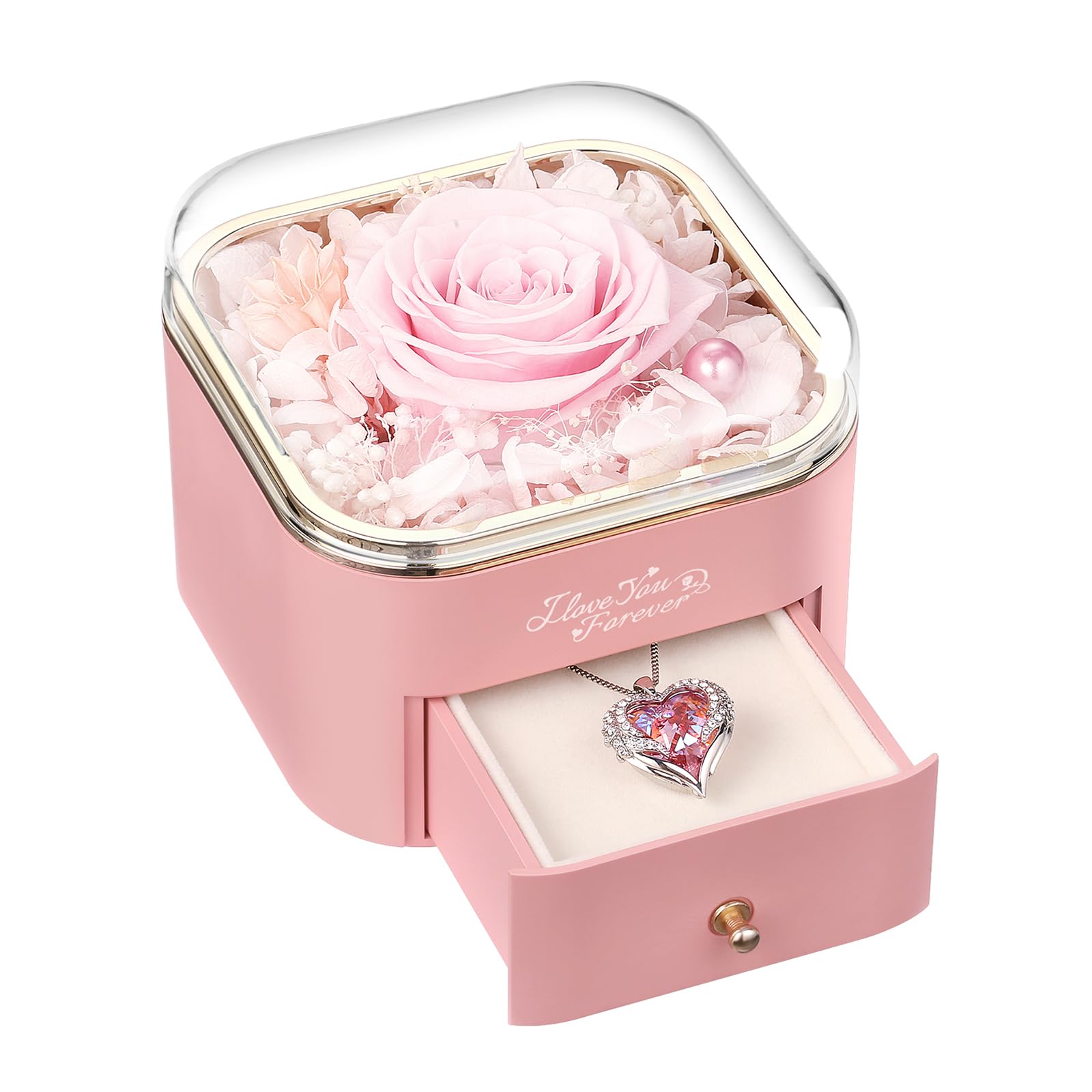 NEWNOVE Preserved Real Pink Rose, Forever Flowers Gifts for Mom Grandma Wife Girlfriend on Christmas, Valentines Day, Mothers Da