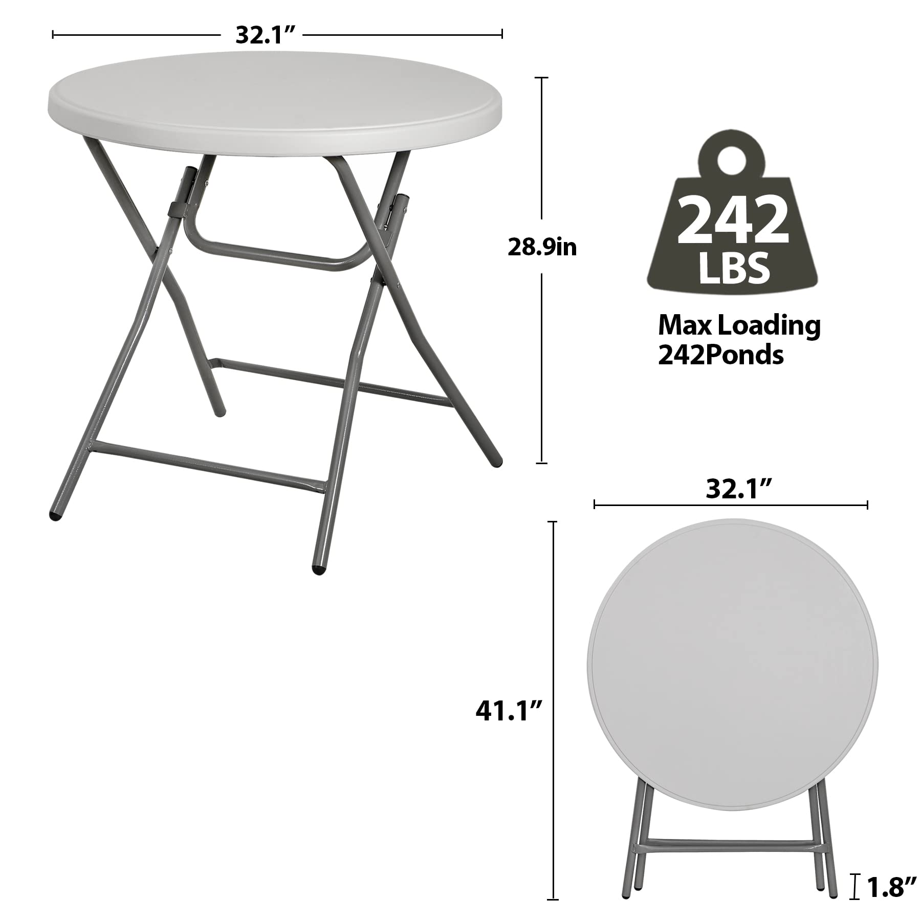 Zenstyle 2.6 Ft Round Folding Table, Indoor Outdoor Portable Plastic Dining Card Table Utility Table Accessory For Patio Camping Dining Event Party, White