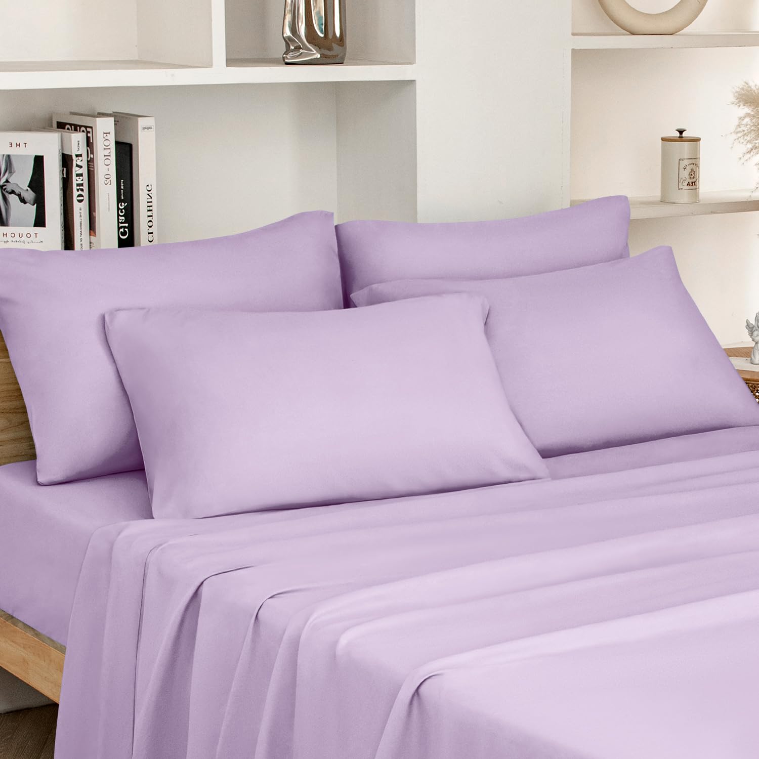 Homeideas King Size Bed Sheets - 6 Piece Set (Lavender) - Extra Soft Brushed Microfiber 1800 Bedding Sheets, Deep Pocket, Wrinkle & Fade Free