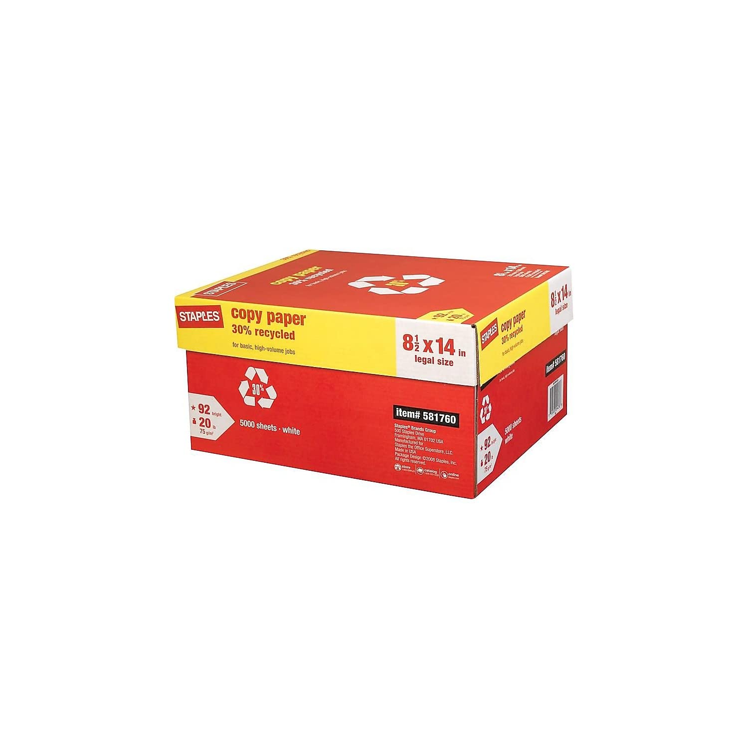 Staples 581760 30% Recycled 8.5-Inch X 14-Inch Copy Paper 20 Lb 92 Bright 500/Rm 10 Rm/Ct