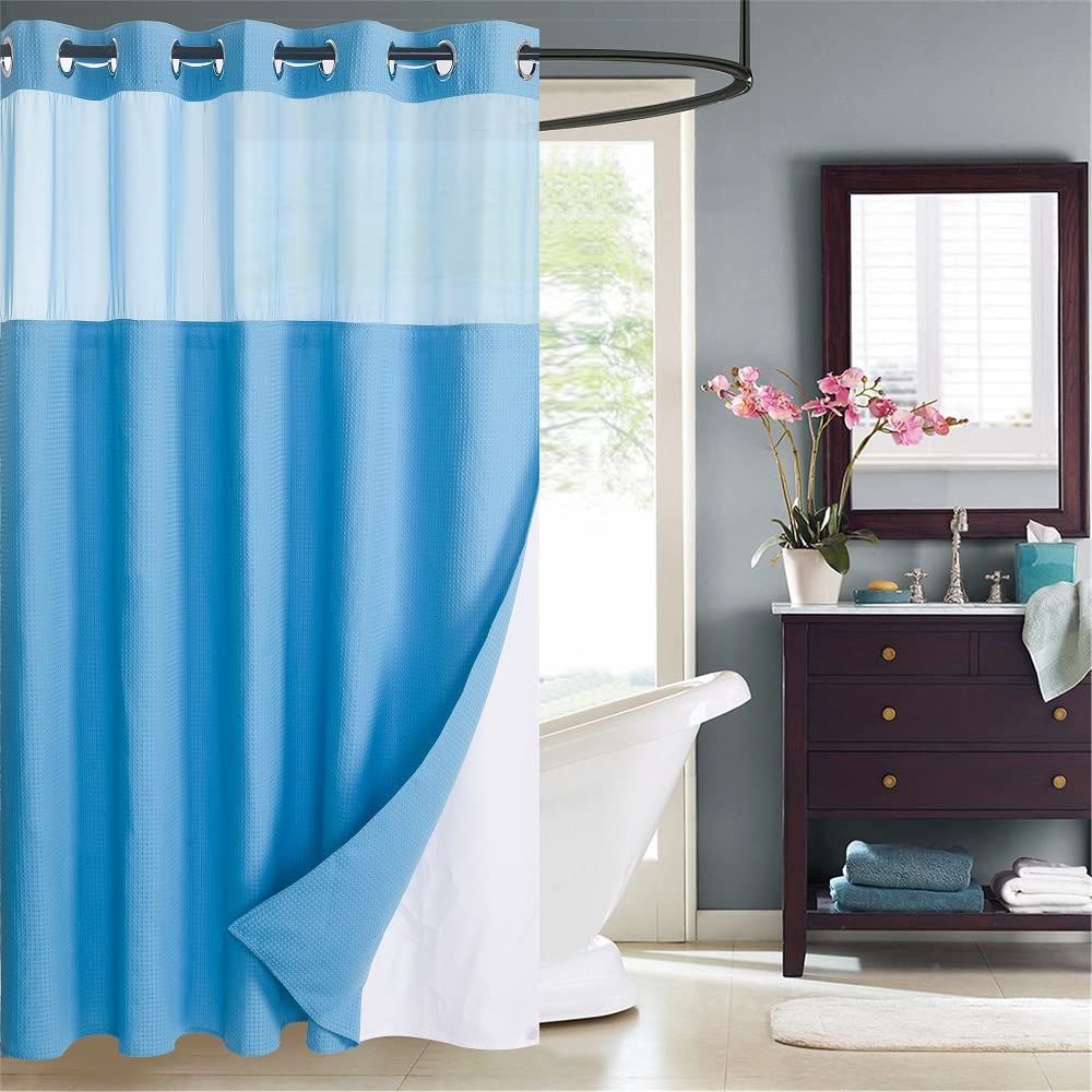 WPM No Hooks Required Shower Curtain with Snap-in Liner Waffle Weave Design, Hotel Grade Waterproof & Washable, Mesh top Window 