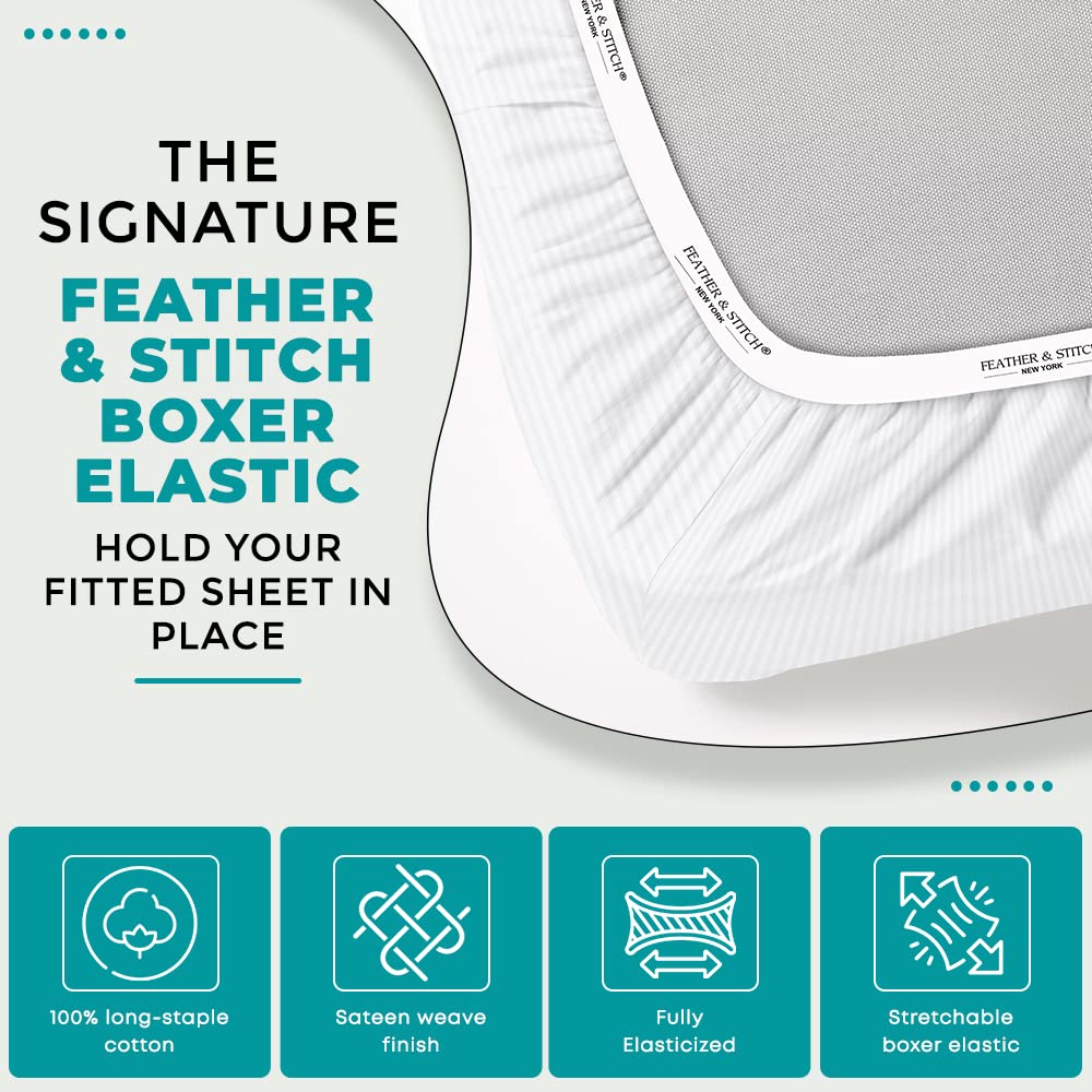 Feather & Stitch 100% Cotton 1 Piece Damask Stripe Twin Fitted Sheet 500 Thread Count White 18 Inch Extra Deep Pocket Luxury Sateen Weave Stretchable Boxer Elastic Fits Mattress Perfectly