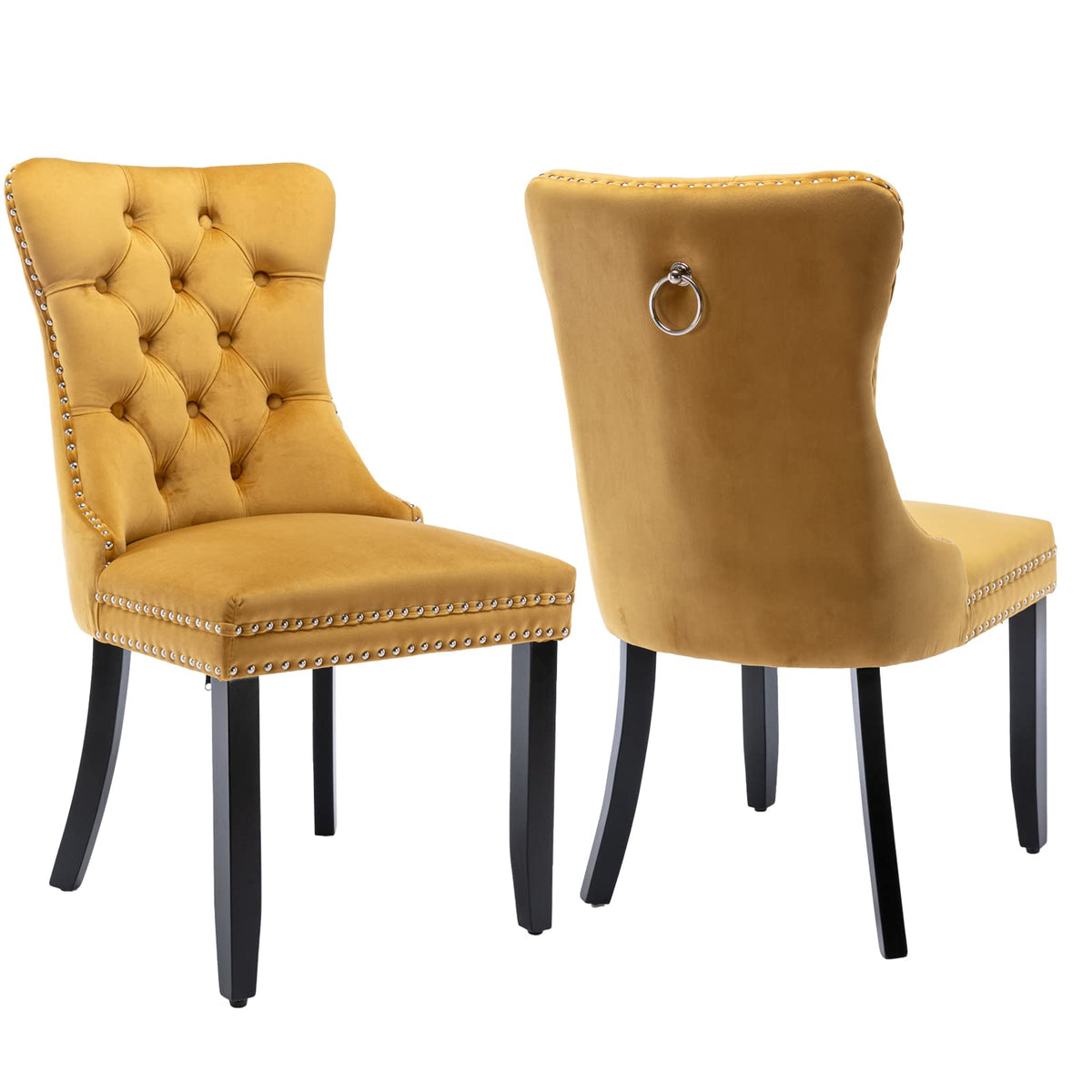 Velvet Dining Chairs Set Of 2, Upholstered Dining Room Chairs With Back Ring Pull Trim And Solid Wood Legs,Tufted Wingback Kitch