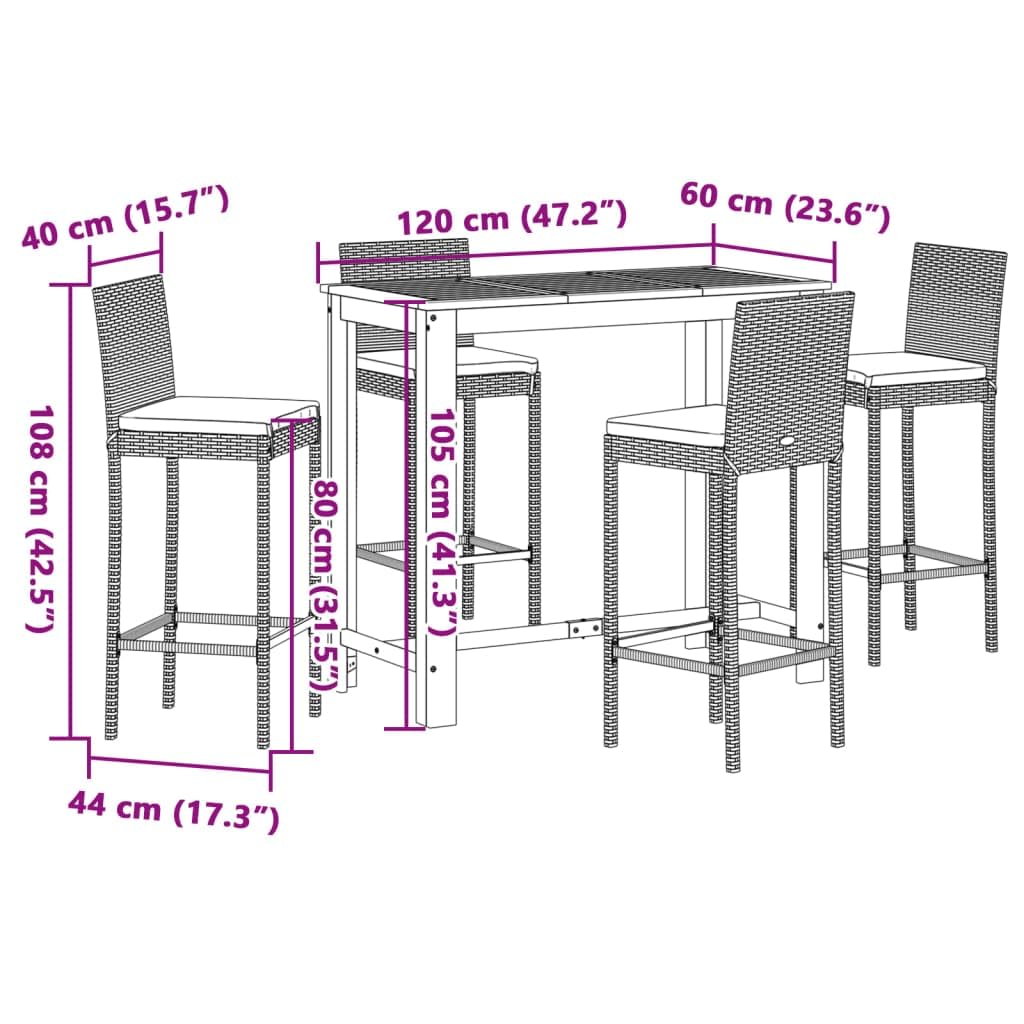 vidaXL Patio Bar Set - Acacia Wood & Poly Rattan Outdoor Furniture - 5-Piece Set with Gray Stools and Table for Garden Deck and Patio
