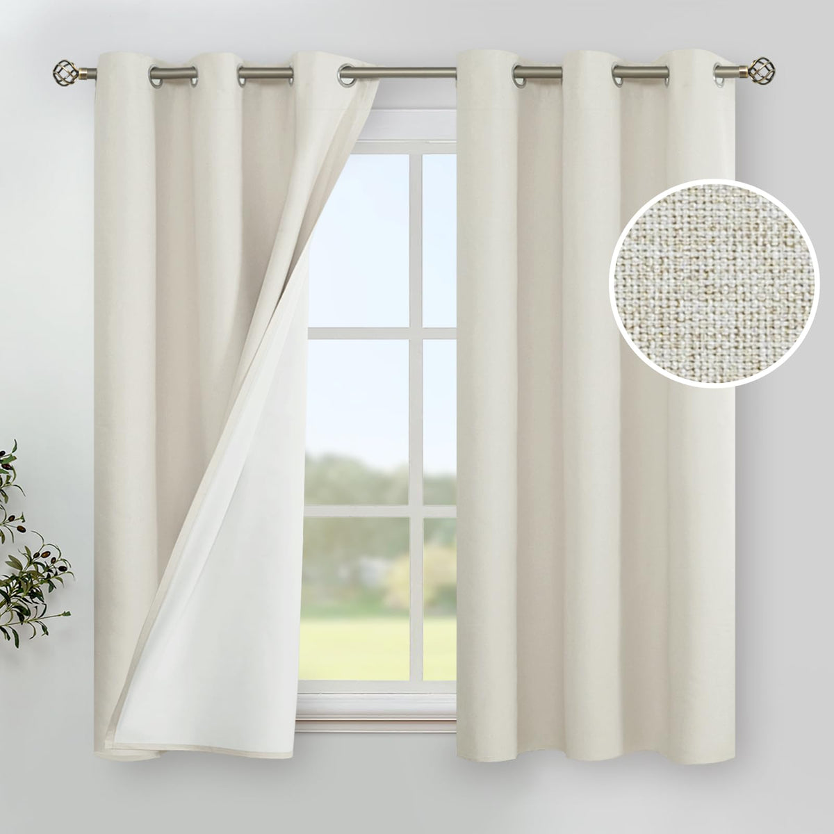 Youngstex Short Linen Blackout Curtains For Bedroom Bathroom, Linen Textured Grommet Thermal Insulated Full Room Darkening Small