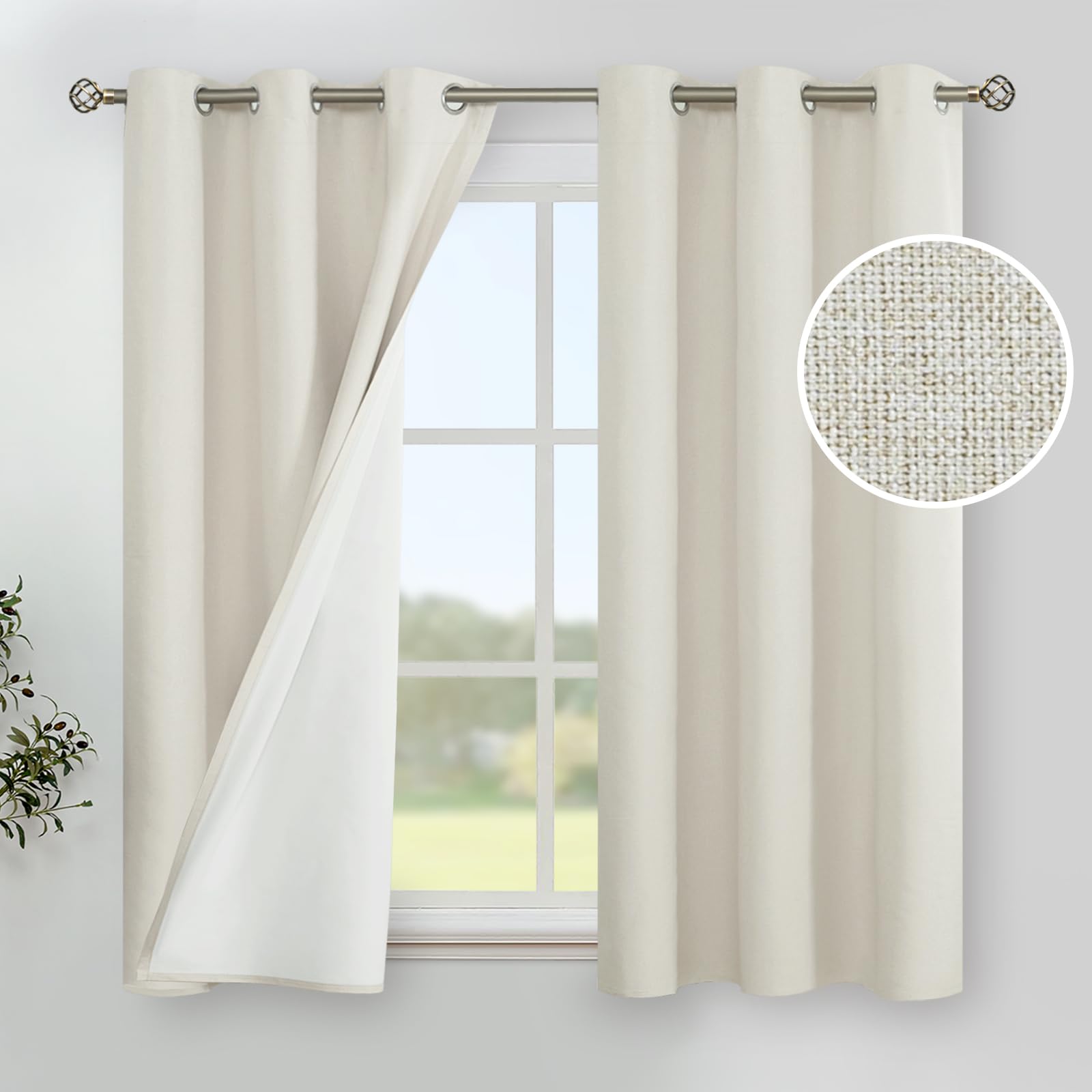 Youngstex Short Linen Blackout Curtains For Bedroom Bathroom, Linen Textured Grommet Thermal Insulated Full Room Darkening Small