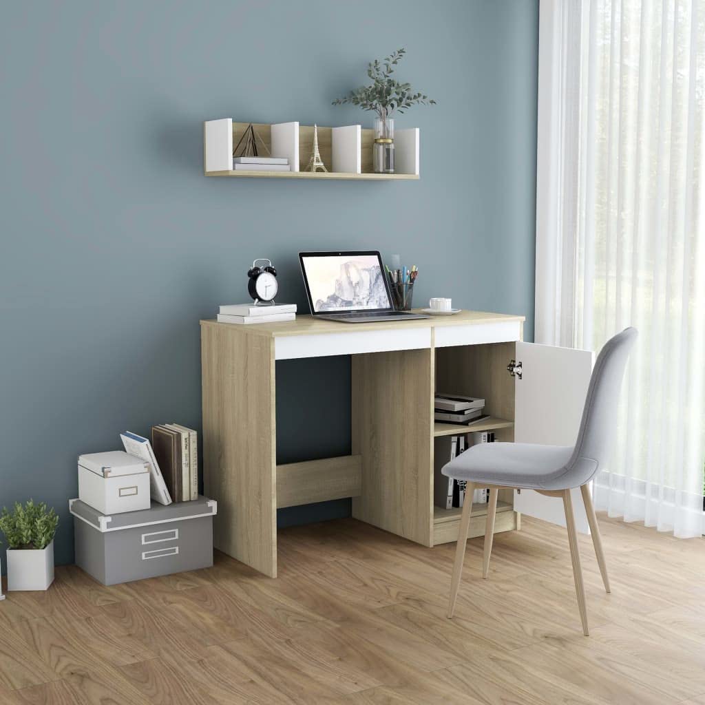vidaXL Sleek Desk, White and Sonoma Oak Finish, Engineered Wood Construction, Integrated Storage Cabinet, Modern Scandinavian Design, 39.4”x19.7”x29.9”
