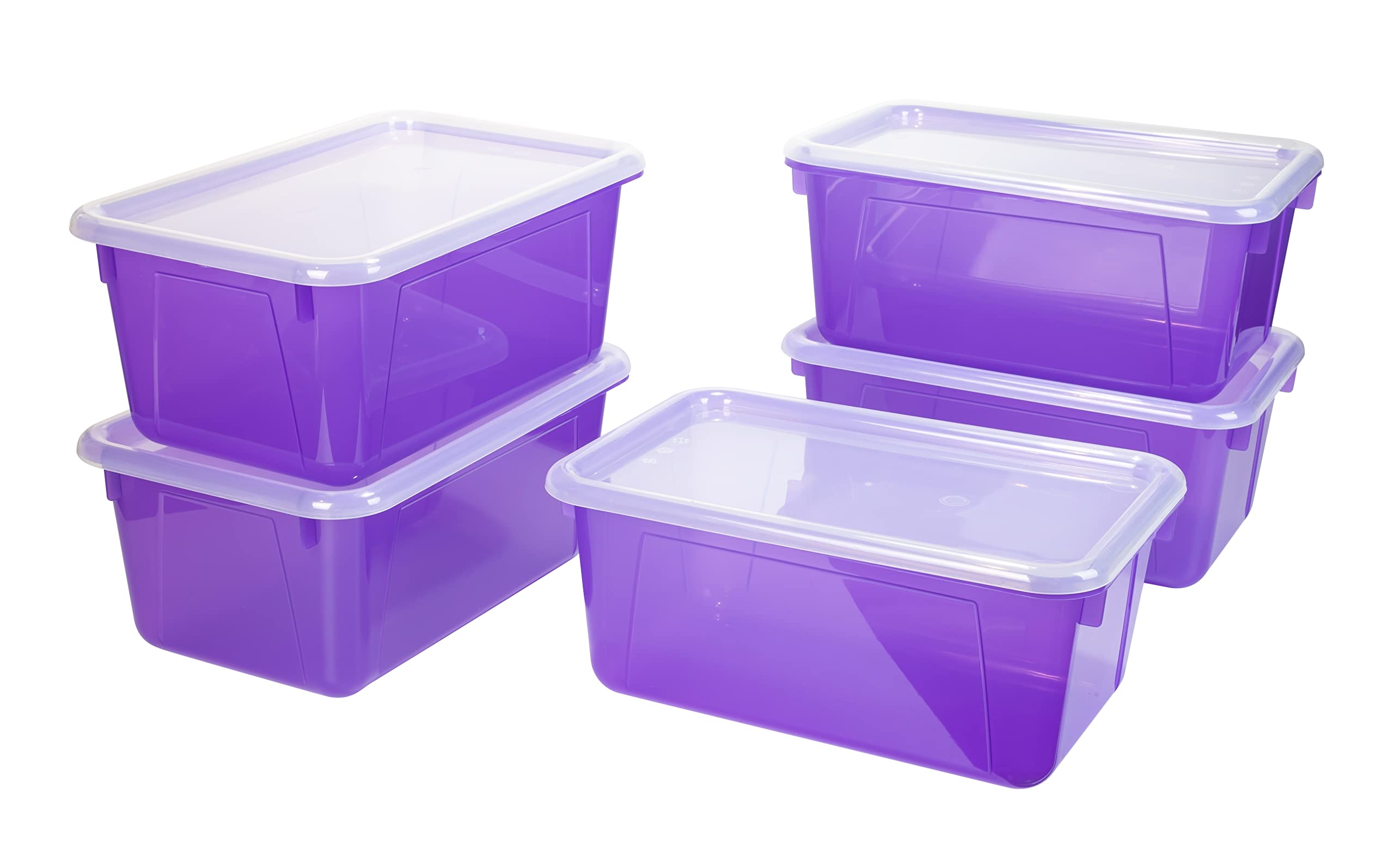 Storex Small Cubby Bins - Plastic Storage Containers For Classroom With Non-Snap Lid, 12.2 X 7.8 X 5.1 Inches, Tint Violet, 5-Pa