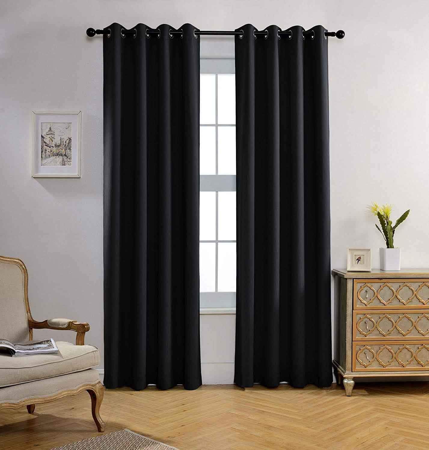 Miuco Room Darkening Texture Linen Look Blackout Grommet Curtains For Office Set Of 2 52X84 Inch Long Black