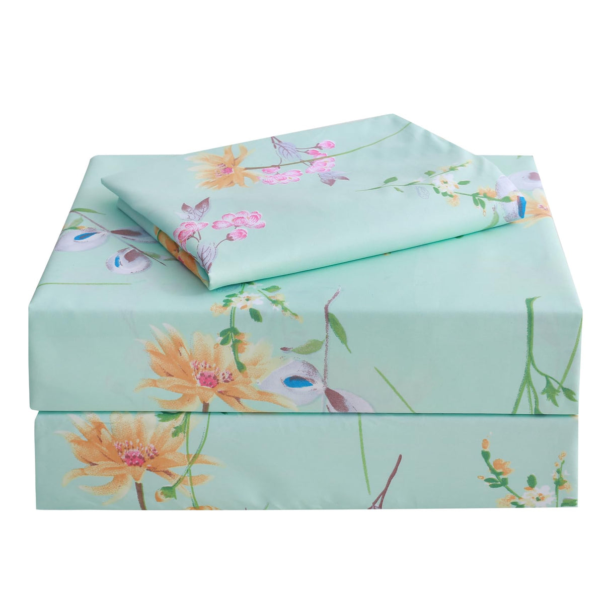 Jsd Green Floral Printed Sheet Set Twin Size, 3 Piece Soft Botanical Microfiber Sheets Extra Deep Pocket